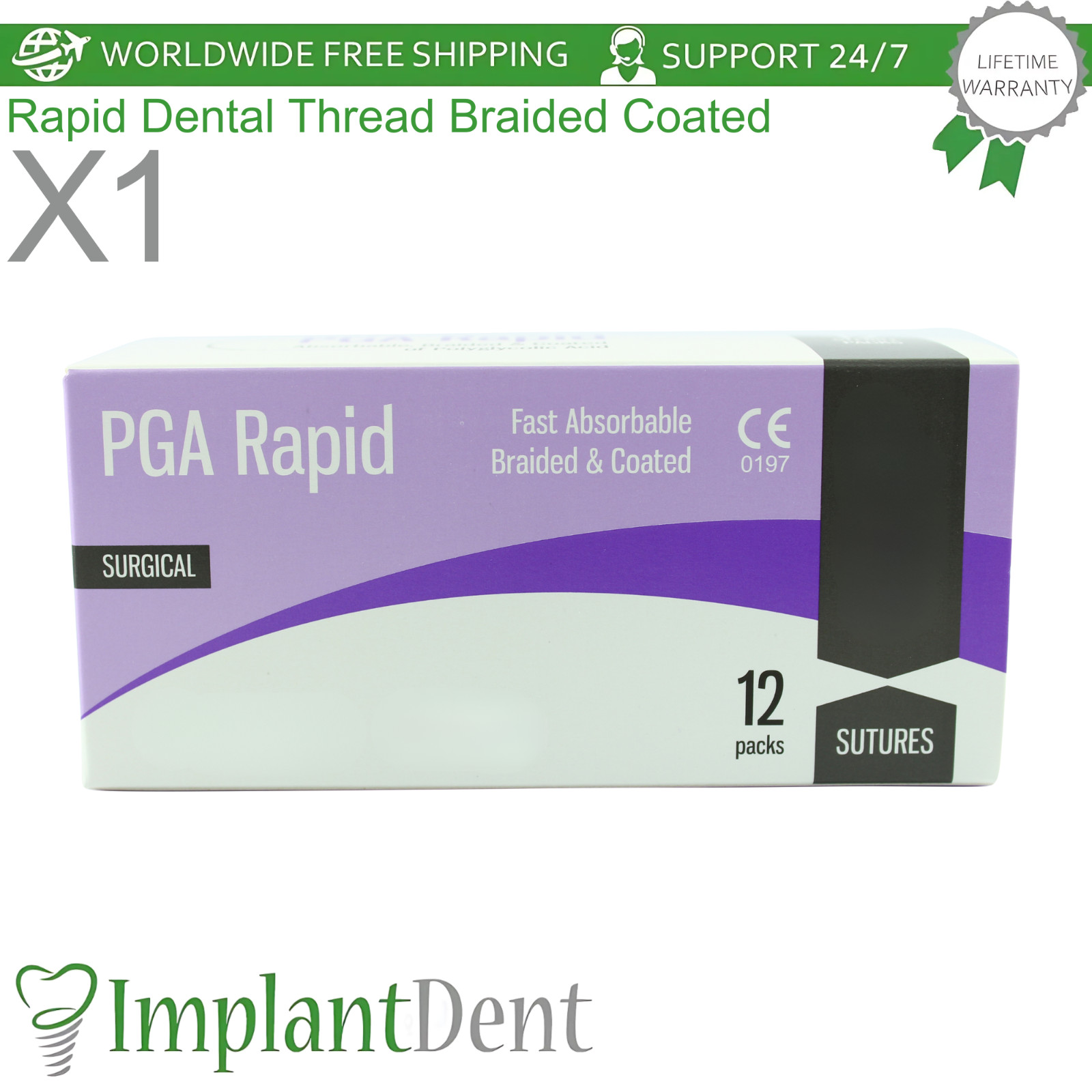 Rapid Dental Thread Braided Coated SteriIe Individual Packs 12pcs 75cm Violet