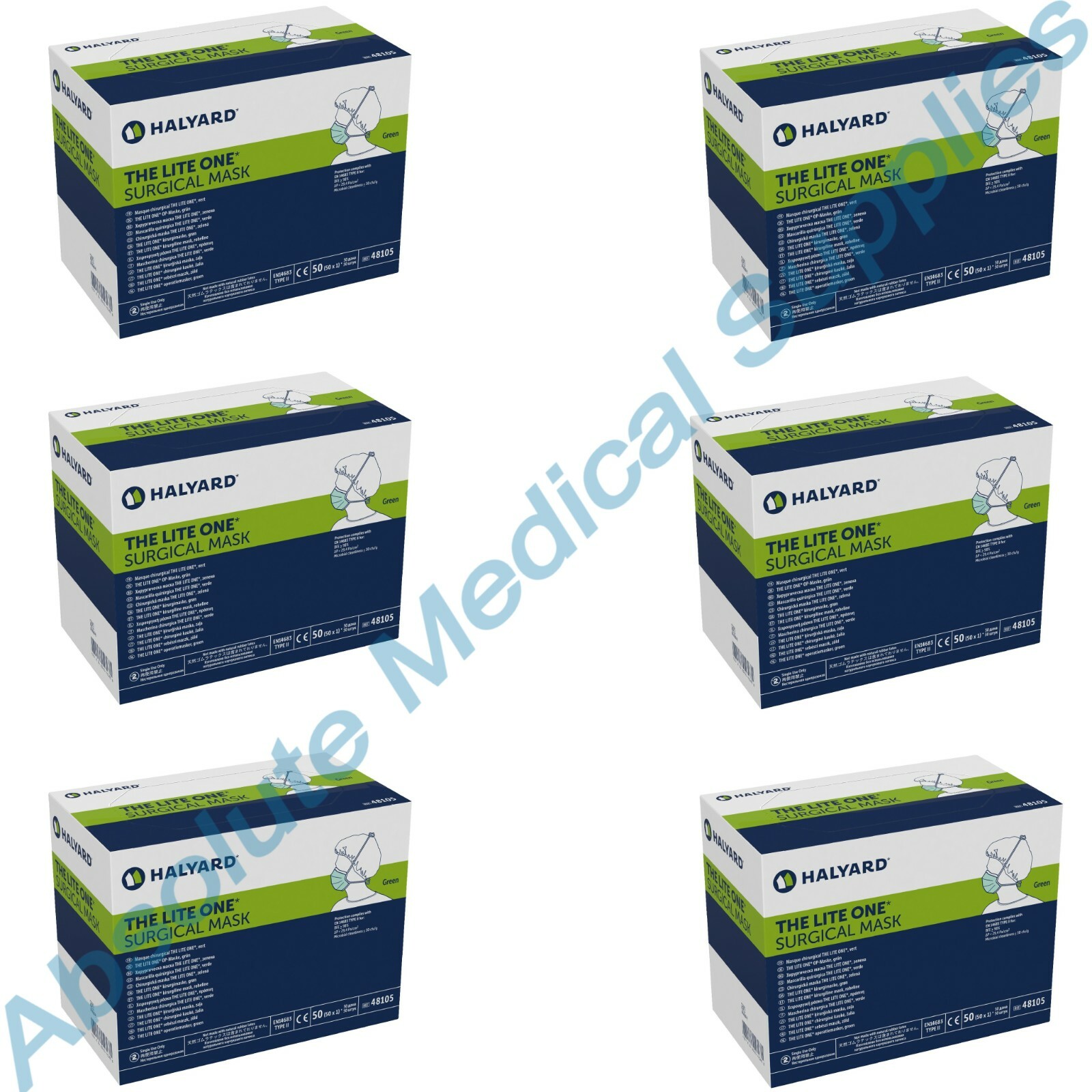 *300-Pieces* Halyard The Lite One Surgical Face Mask Green 48105