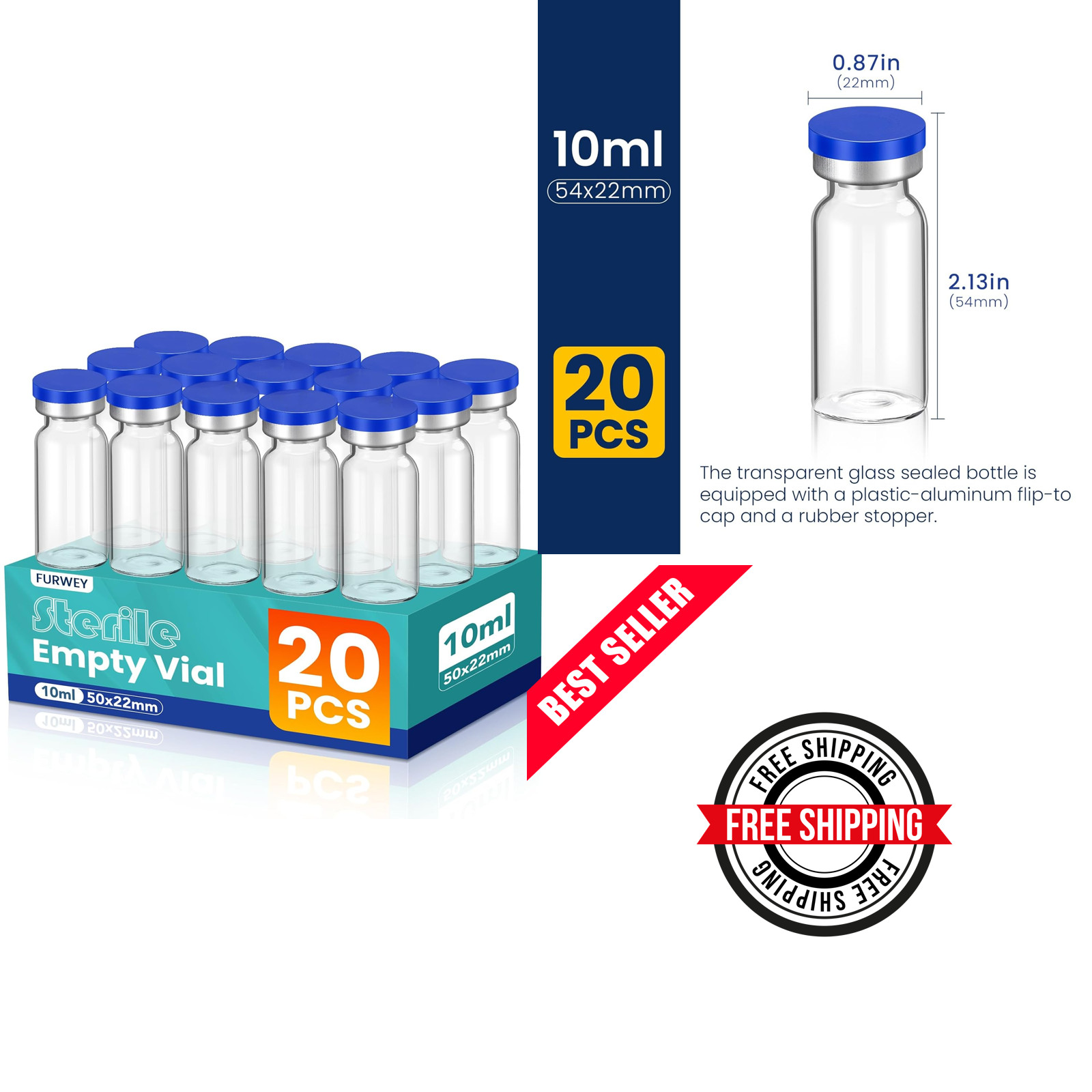 10ml Glass Sterile Vials for Injection 20 Pack, Self Healing Port, Sealing Cap
