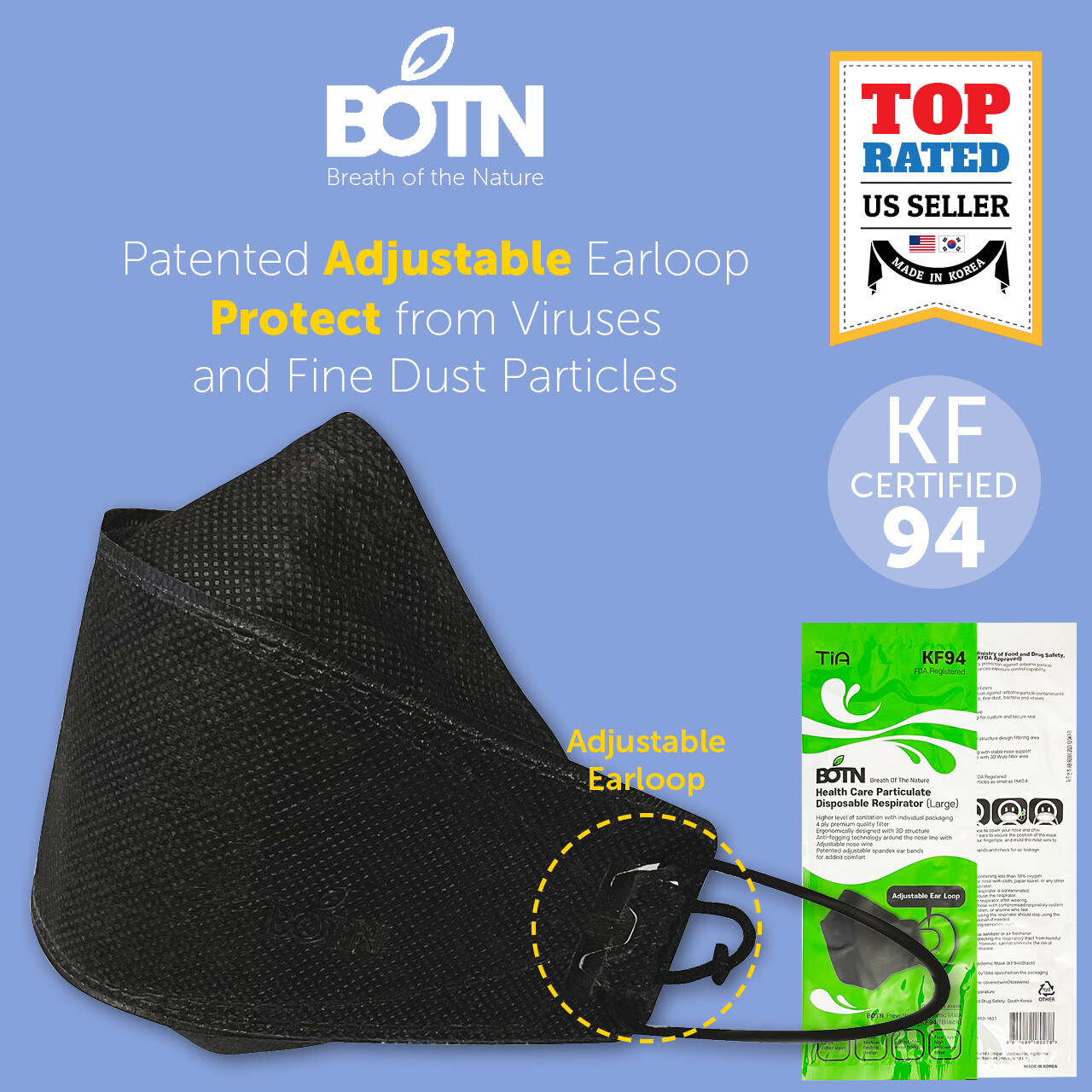 2~10 Pack KF94 BLACK Protective Face Mask Adult Made in Korea KFDA Approved BOTN