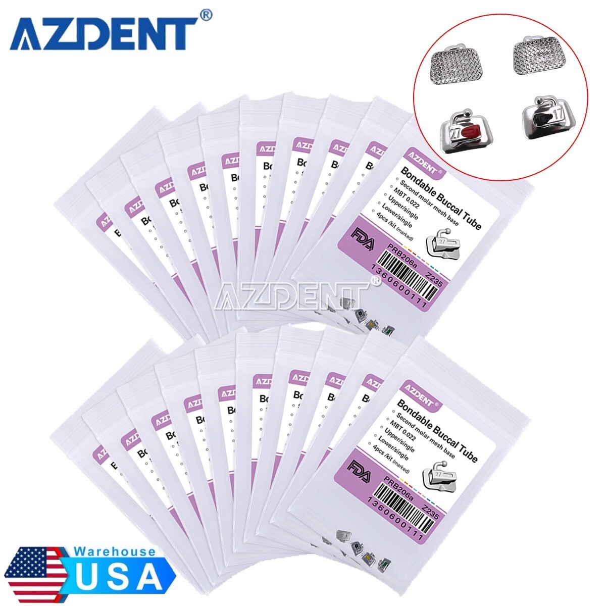100X AZDENT Dental Orthodontic Buccal Tubes Bondable 2nd Molar MBT.022 Non-Conv