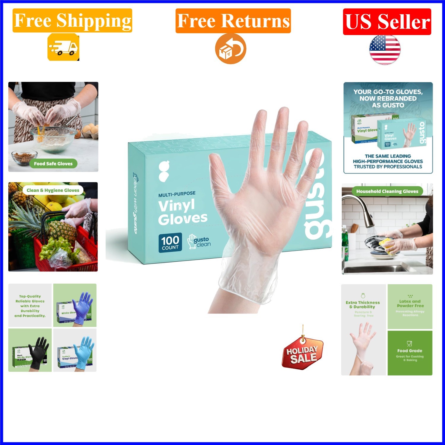 Disposable Vinyl Gloves Large 100Pack Clear Latex-Free Powder-Free