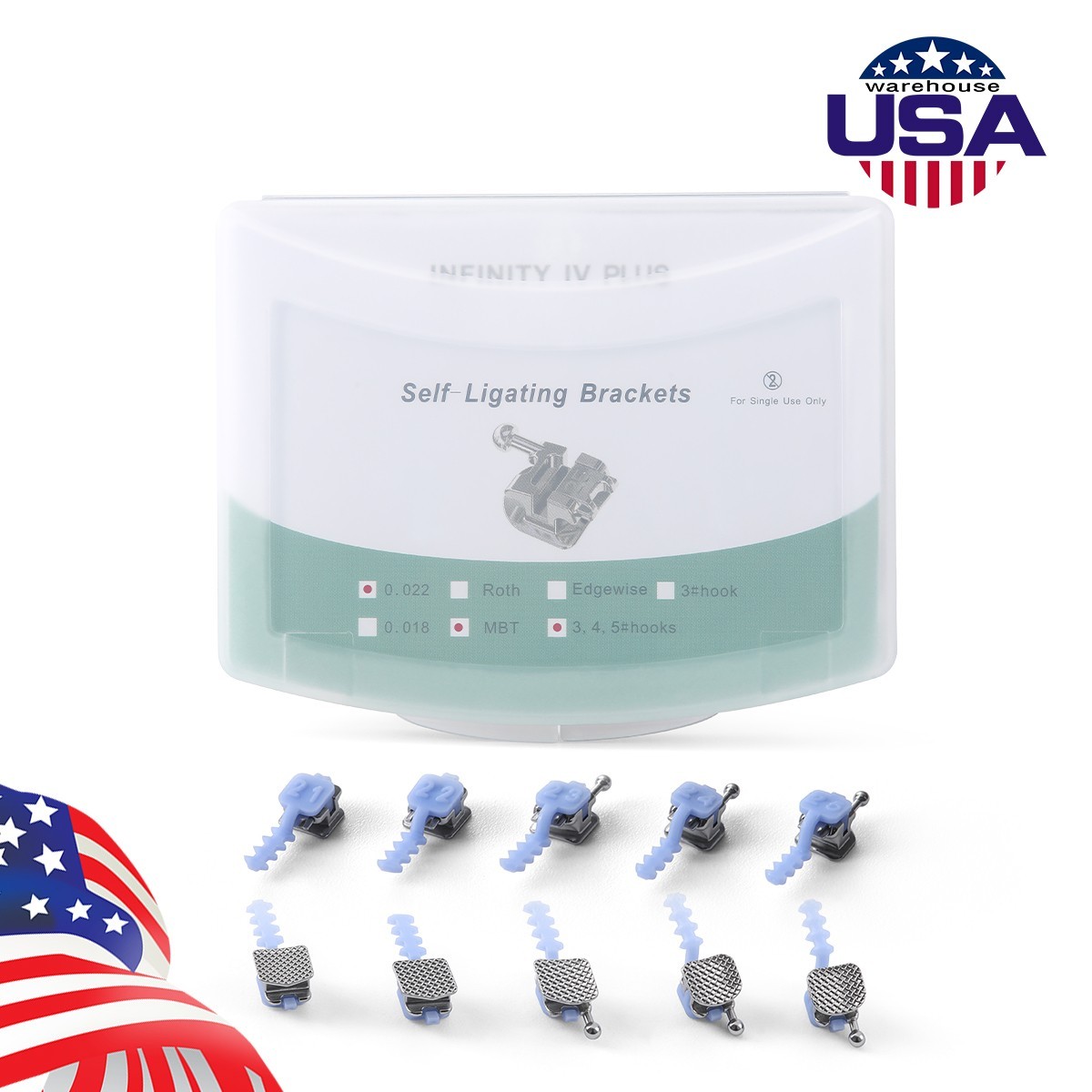 Dental Ortho Self-Ligating Brackets INFINITY IV PLUS MBT 022 345 Hooks With Tool