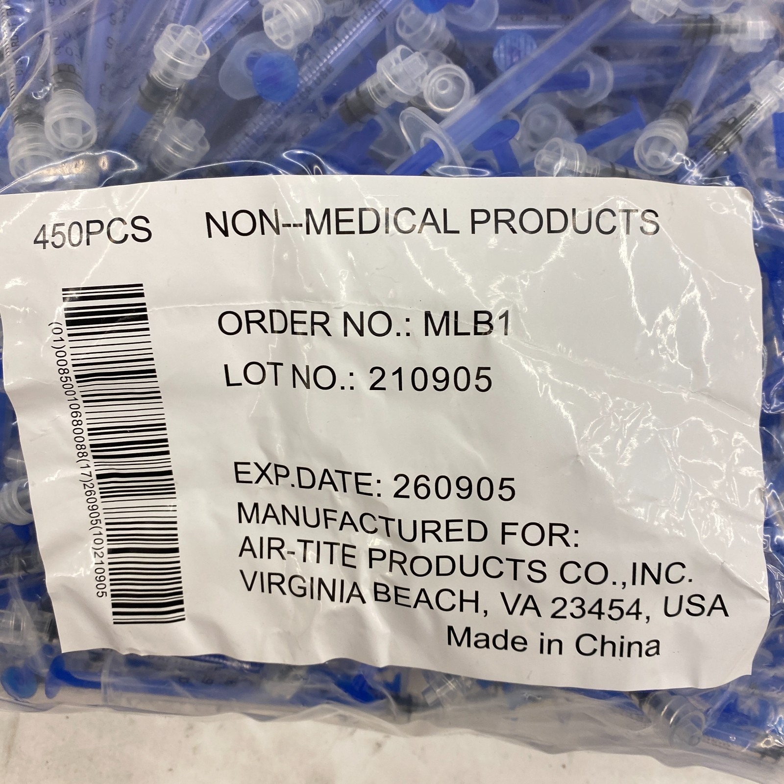 Air-Tite 1ml Disposible Syringe Luer Lock MLB1 w/o Needle, Exp 2026, Lot of 450