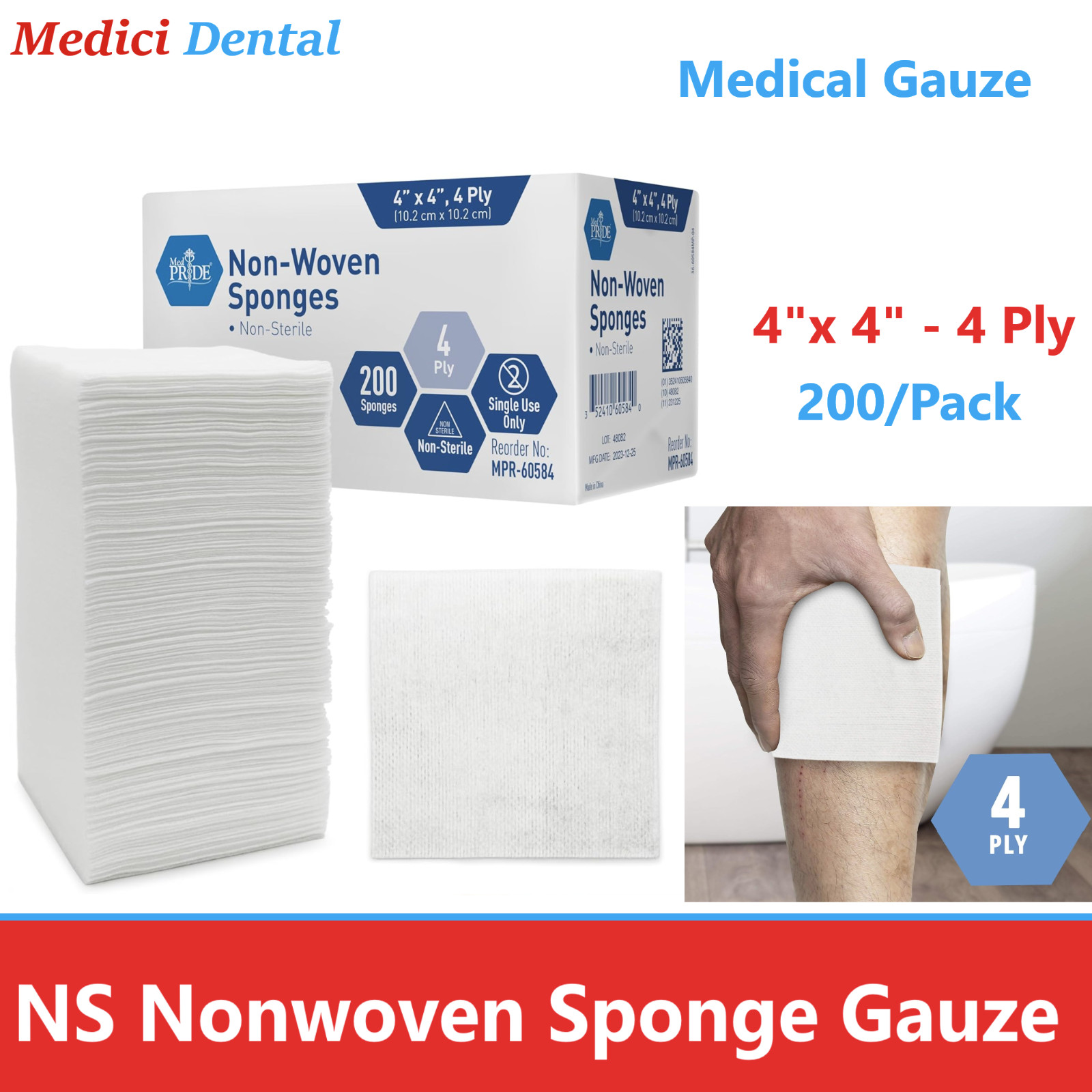 200/Pk 4 x 4 -Non-Sterile- 4-ply, Non Woven Gauze Sponges – Sponge Cotton Large