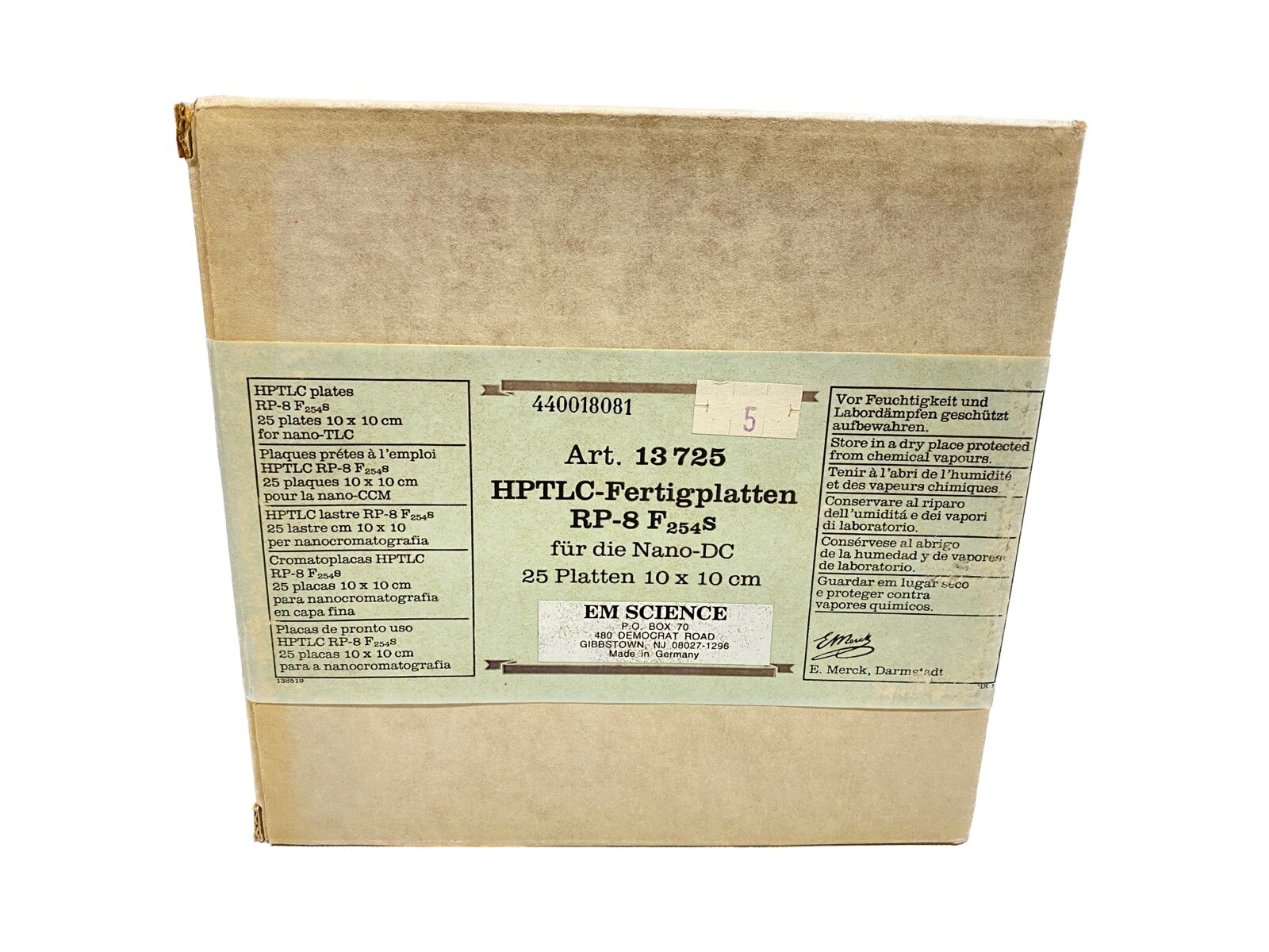 (25/Pk) EMD HPTLC Silica Gel 60 RP-8 F254S 10x10cm Plate Sheets 13725