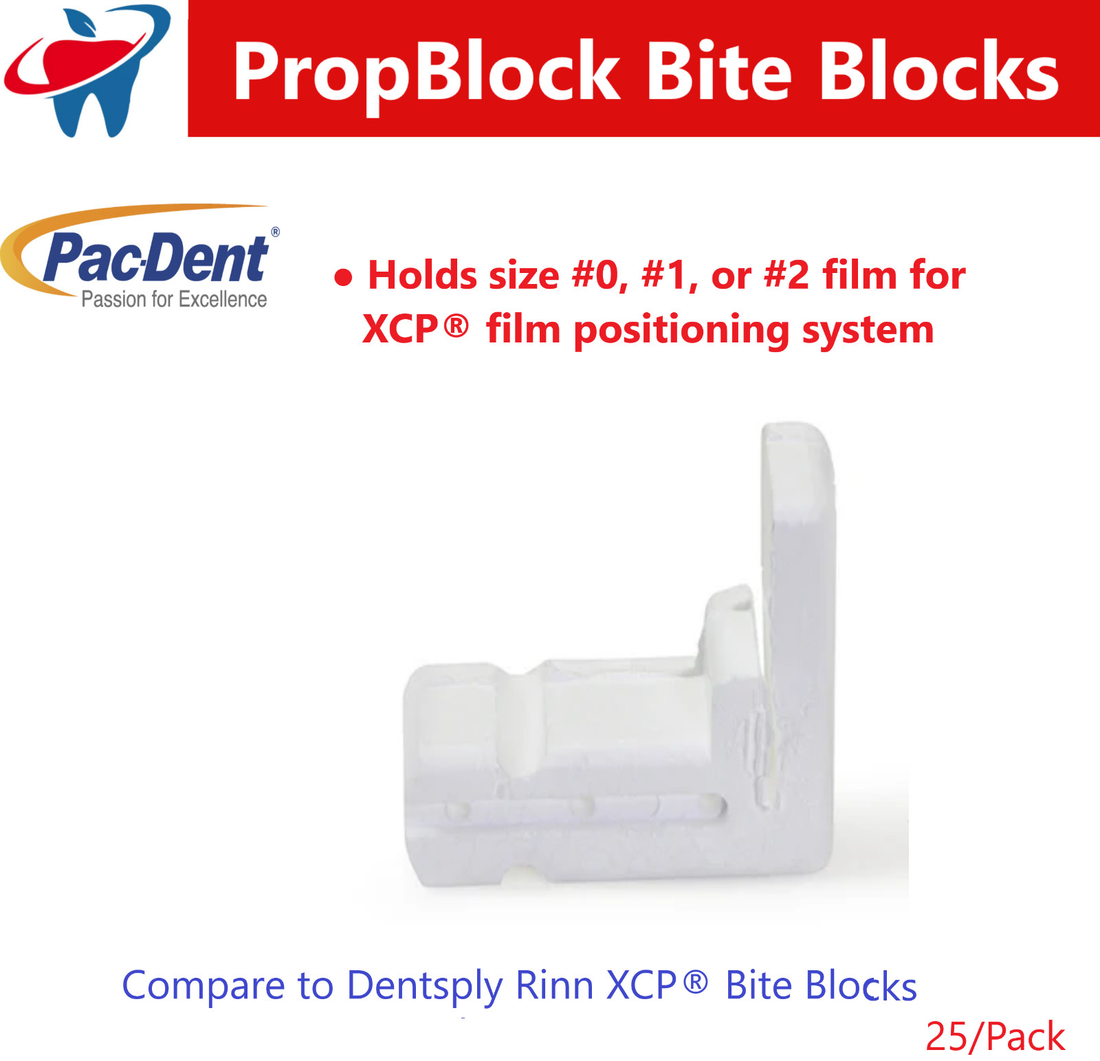 Dental X- Ray Rinn XCP Film Bite Blocks, Disposable Holds size #0, #1, #2, 25/Bx
