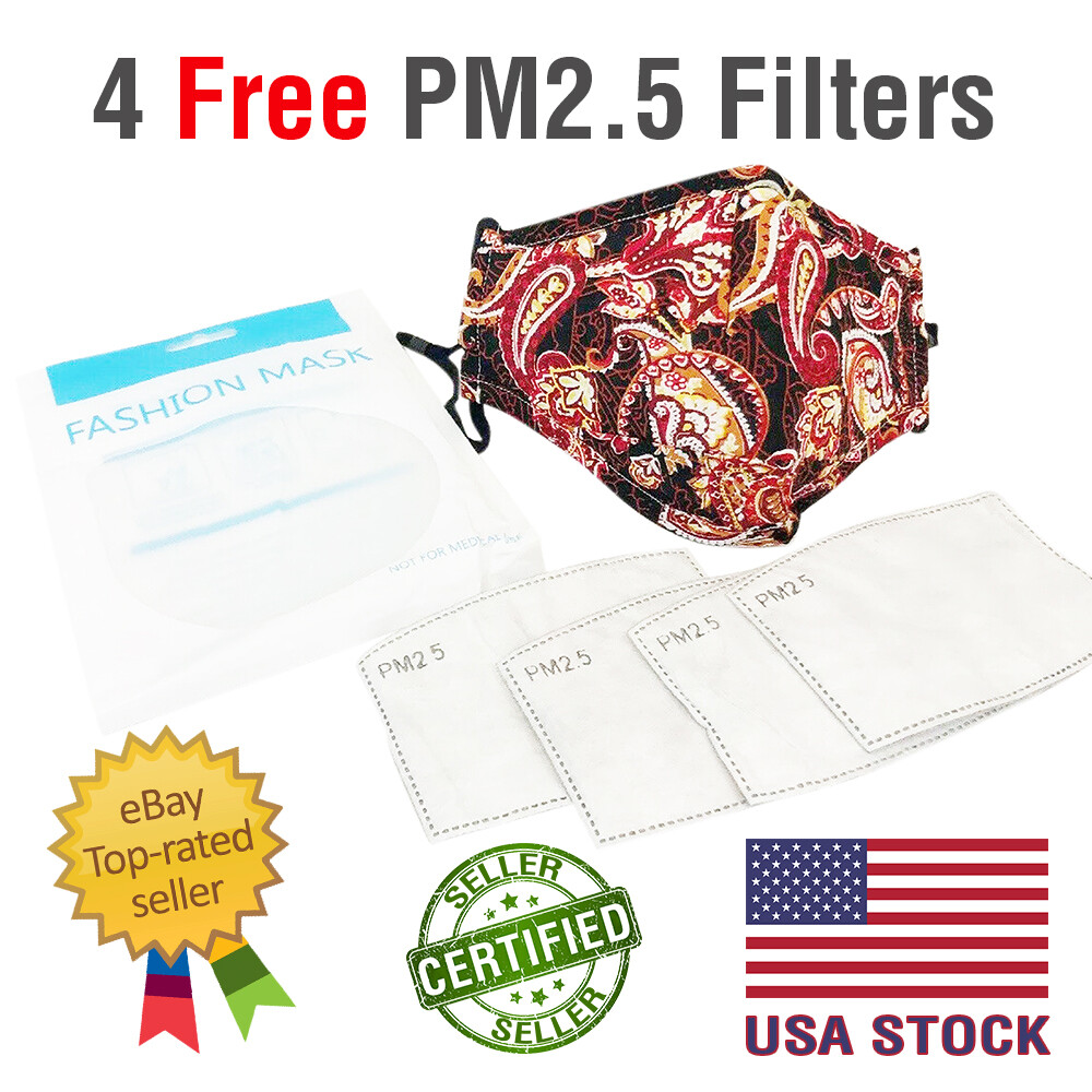 100 FACE MASK Washable COTTON BLACK RED PAISLEY Nose Wire With 4 FREE Filters