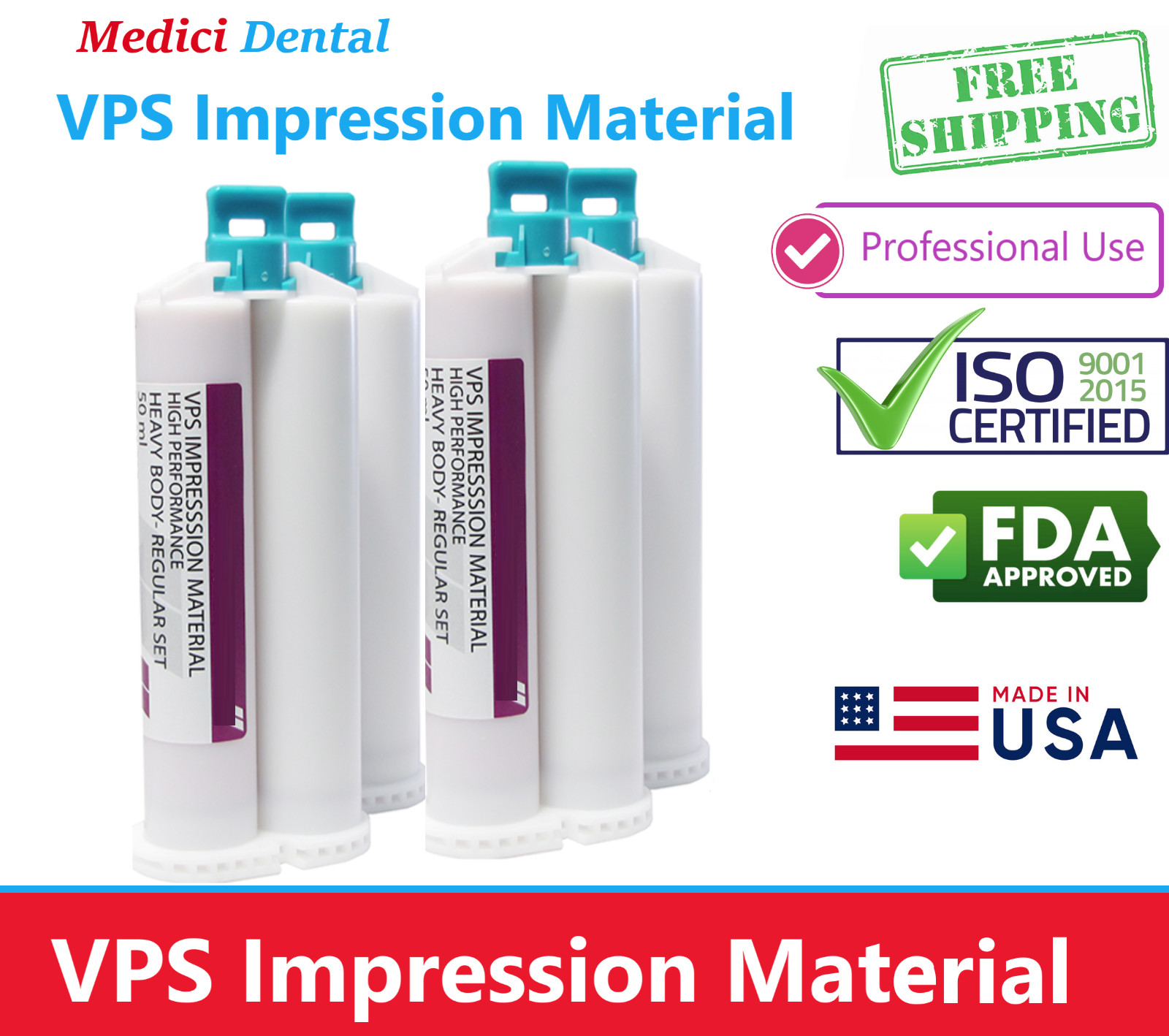 4/Box Dental VPS Impression Material Heavy Body Medium Light Fast Set, Made USA
