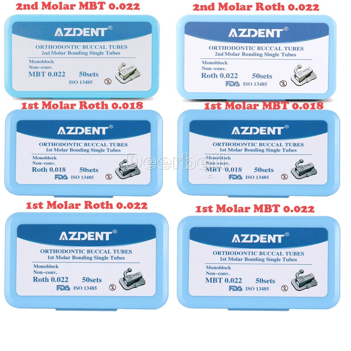 50Sets AZDENT Dental Orthodontic Buccal Tube 1st/2nd Molar Roth/MBT 022/018