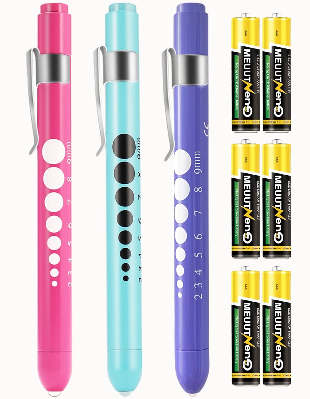 MEUUT 3 Pack Pen Lights for Nurses with 6 Batteries – Pink+Blue+Light Purple