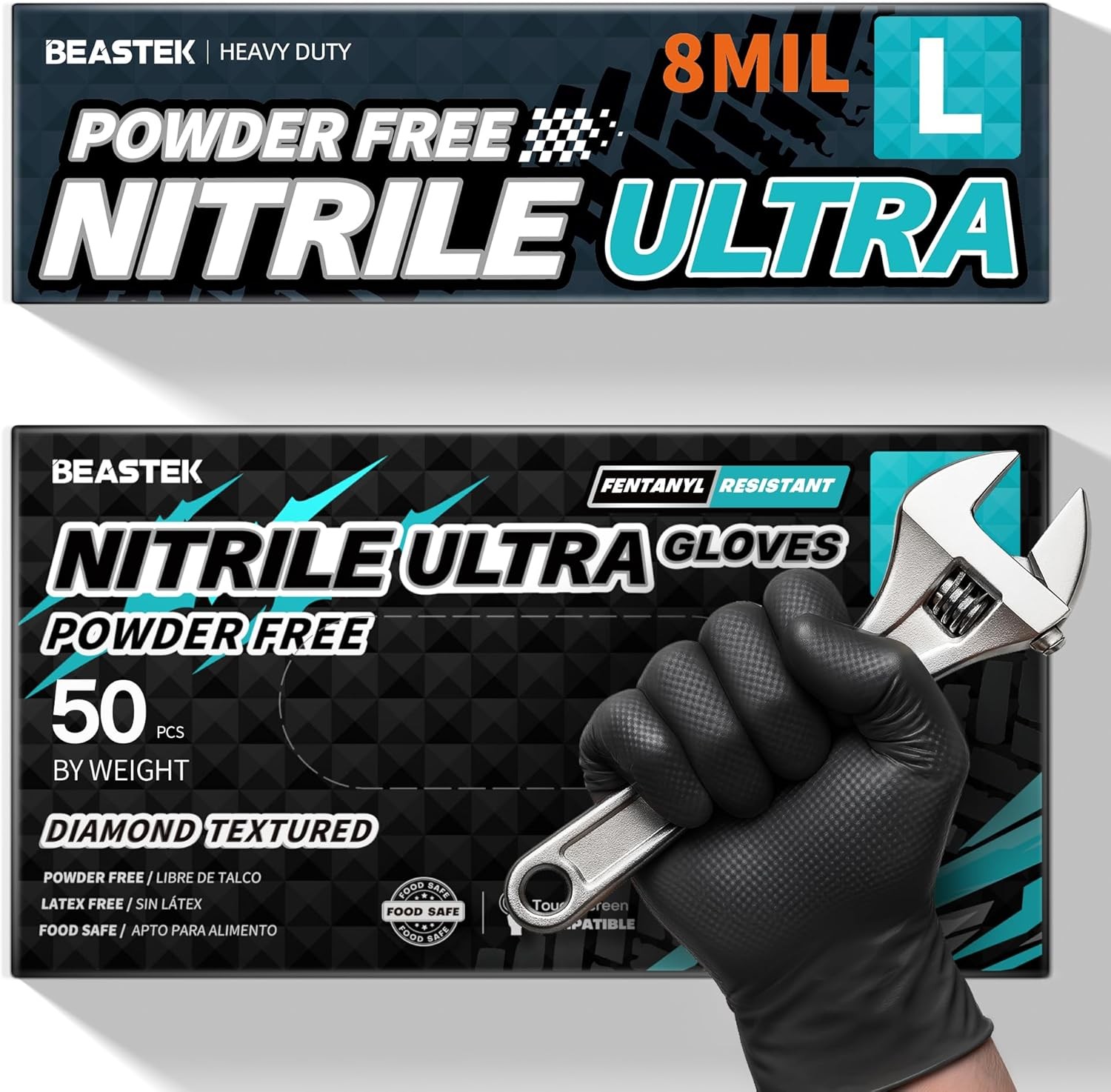 Black Nitrile Gloves 8Mil Diamond Texture Disposable Latex & Powder-Free 50Pc