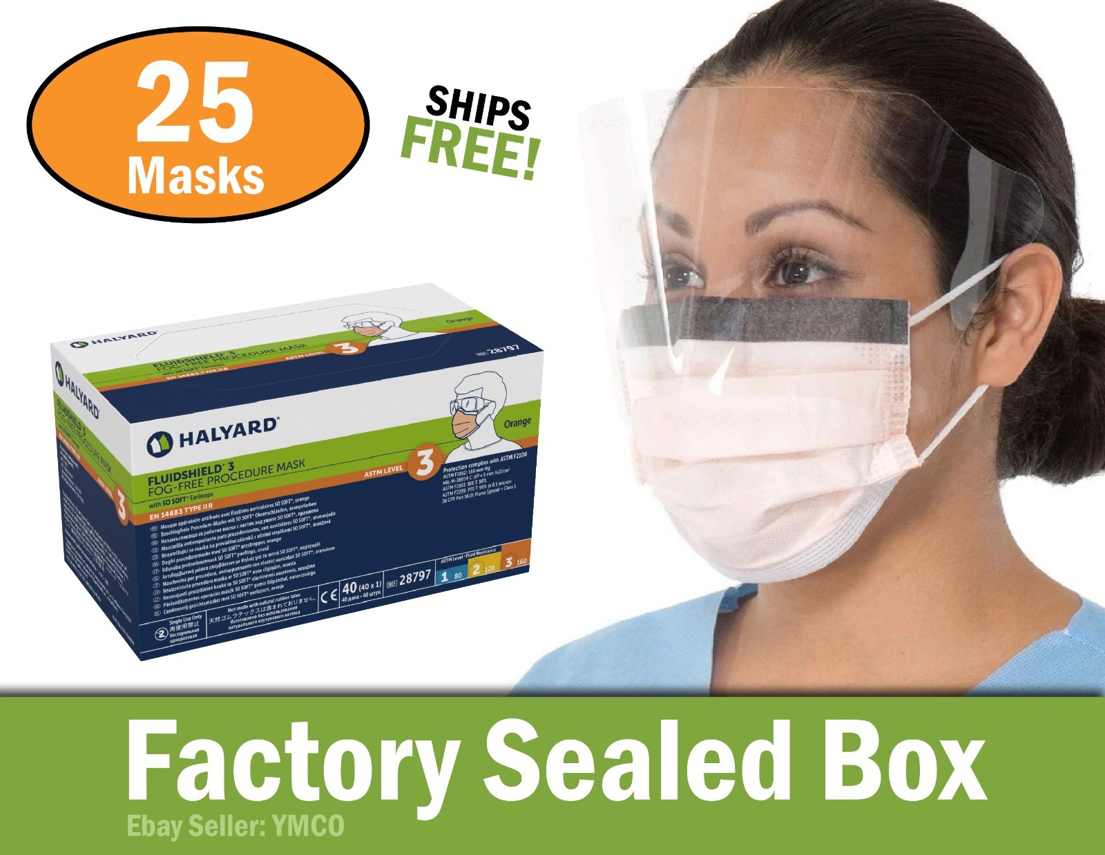 Halyard 47147 Fog-Free FluidShield Procedure Mask Pleated, Earloops ASTM Level 3