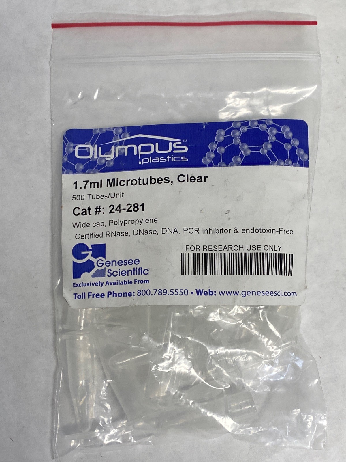 (940) OLYMPUS 1.7mL Clear PP MicroCentrifuge Tubes w/ Wide Snap Caps 24-281