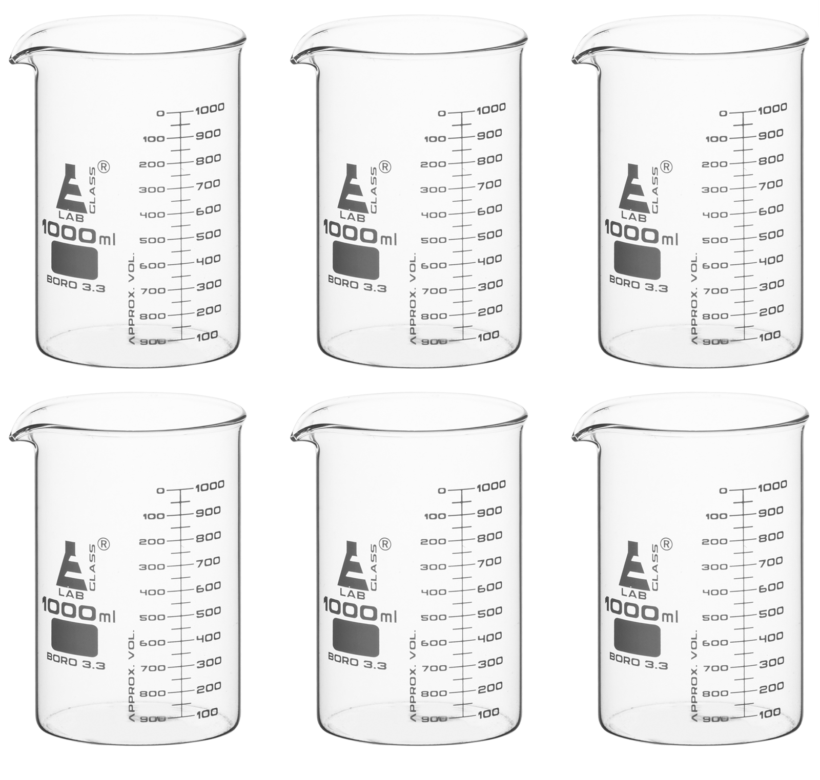 Eisco Labs 1000ml Low Form Beakers, ASTM – Borosilicate Glass – 6 Pack