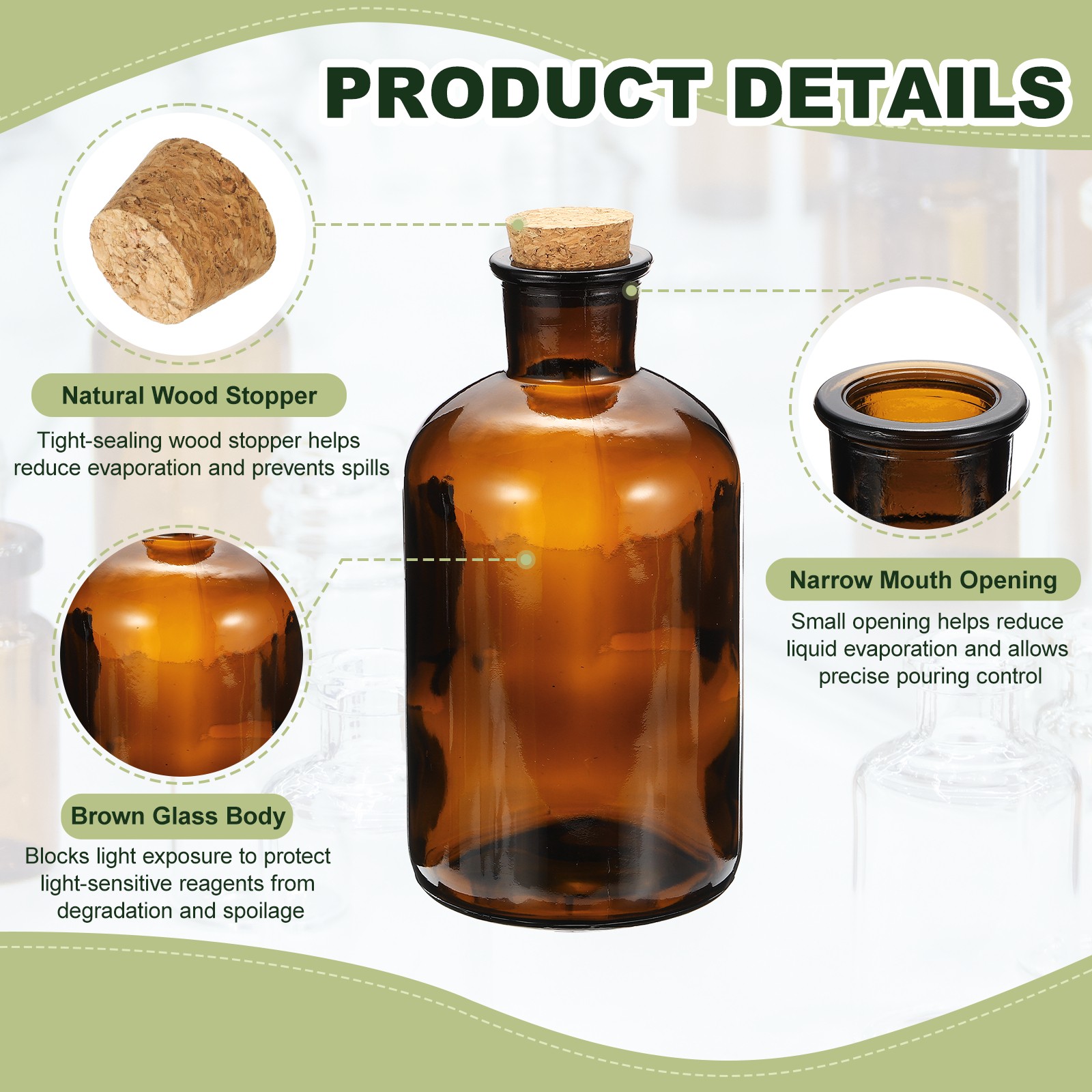 2Pcs 500ml Glass Reagent Bottle with Wood Stopper Narrow Mouth, Brown(16.9oz)