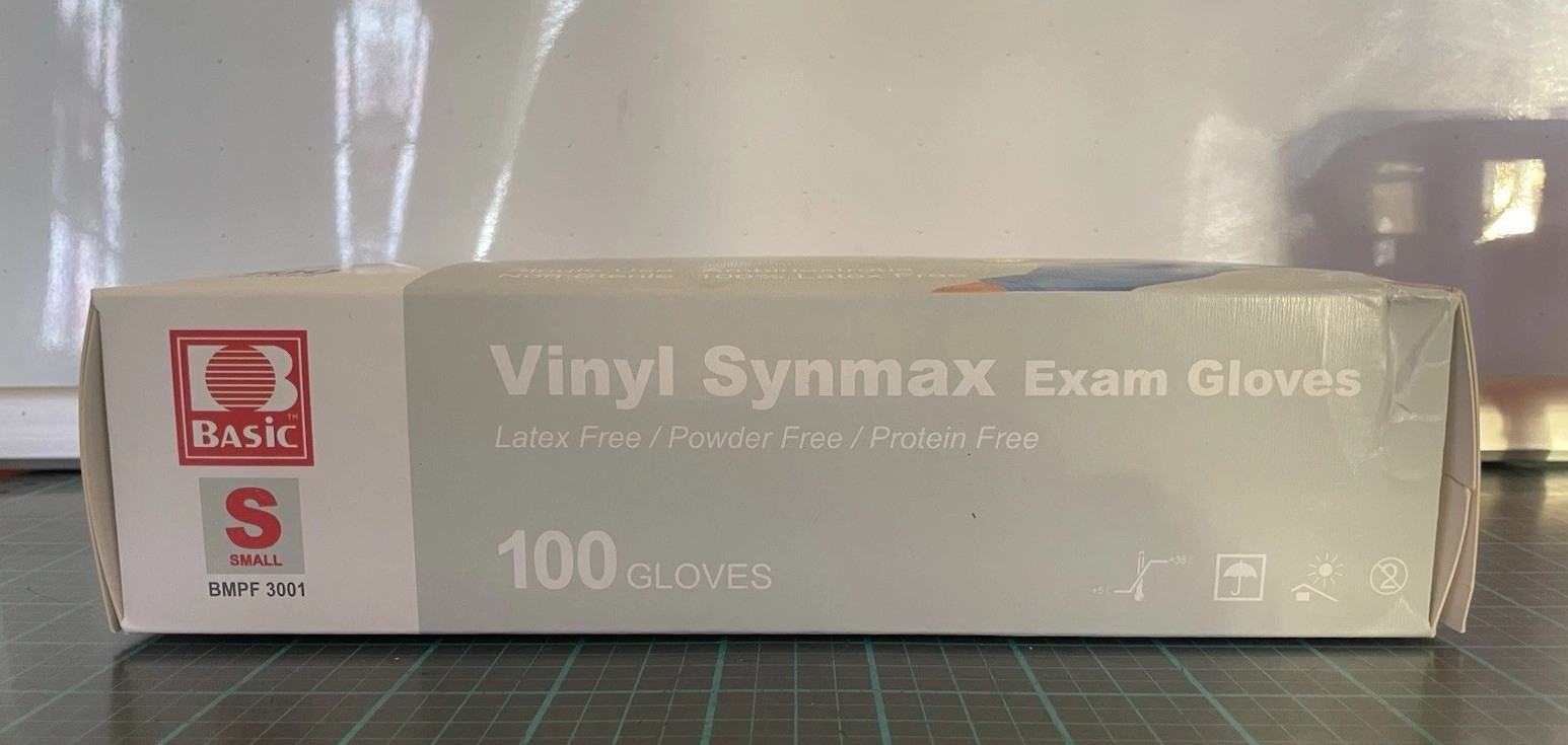 Basic Vinyl Synmax Exam Gloves Small BMPF 3001 Latex Free/Powder Free/Protein Fr
