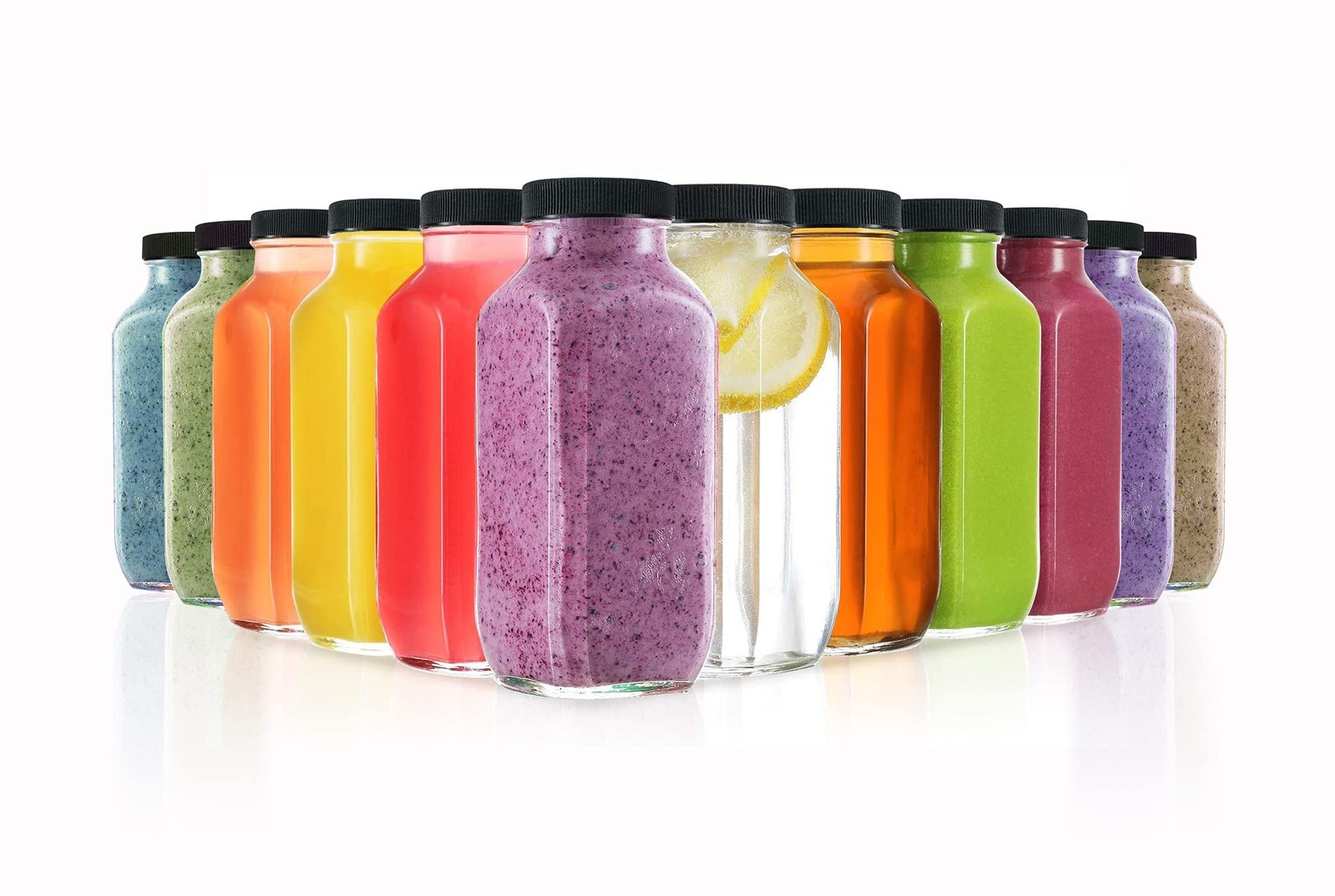 DilaBee 12-Pack Glass Juice Bottles with Lids, 8oz 8 Ounce – Square, Clear