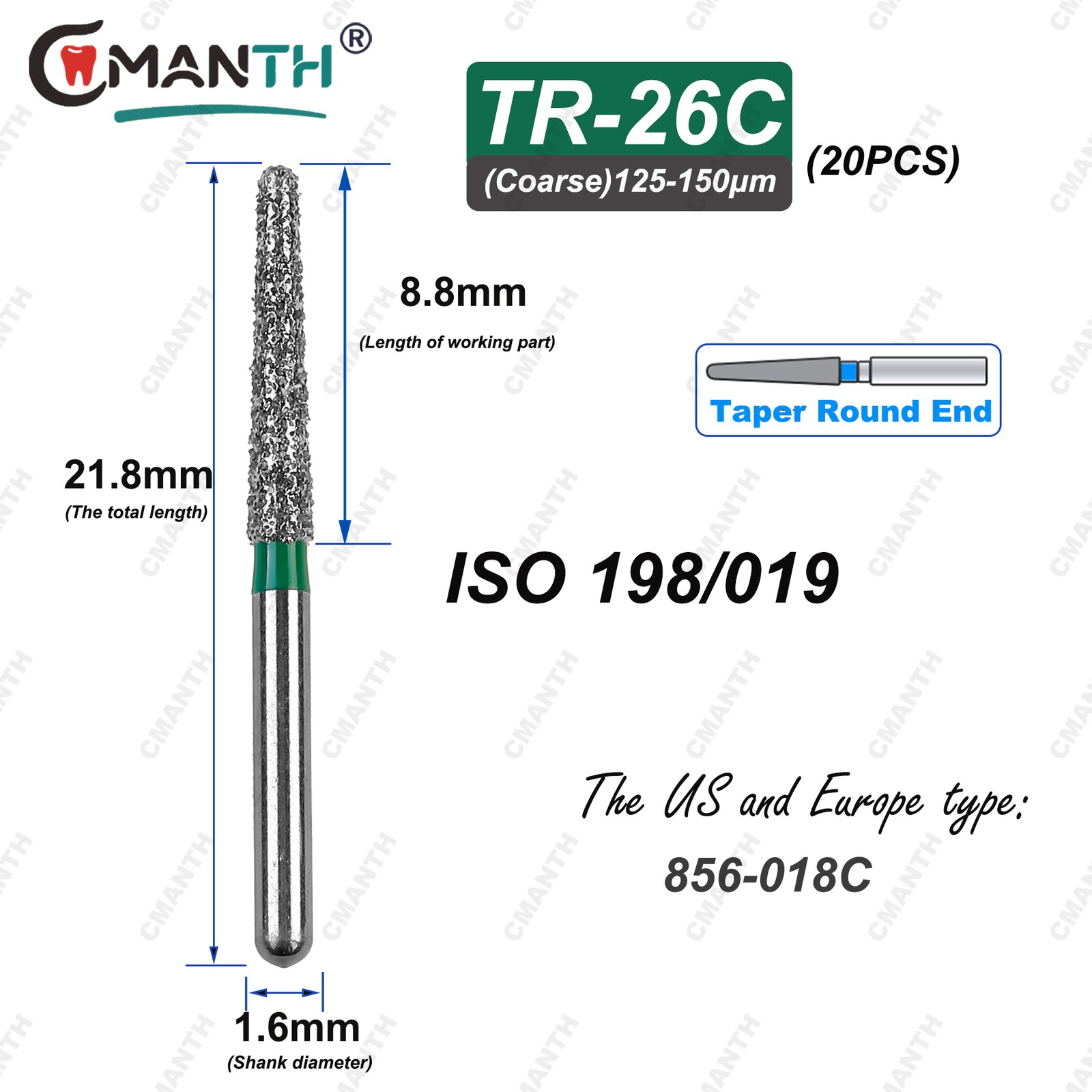 TR Type Dental Diamond Burs Fit High Speed Handpiece 1.6mm Drills 20pcs