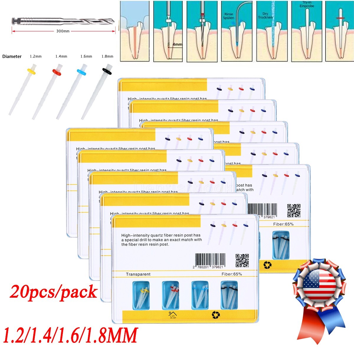 Dental AAA Endo Quartz Fiber Post Straight Screw Thread Posts 1.2 1.4 1.6 1.8mm
