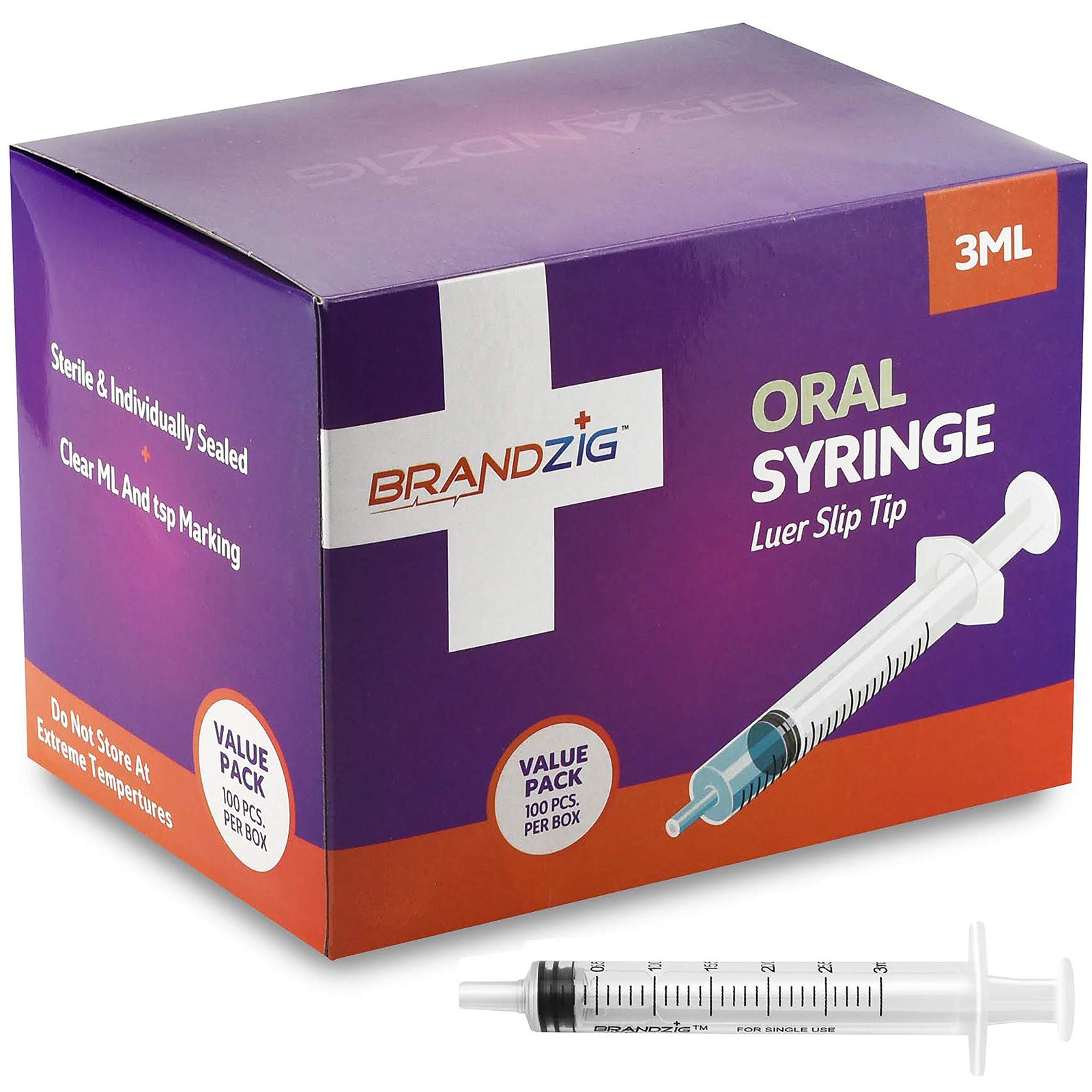 Brandzig 3ml Syringe – 100 Pack – Luer Slip Tip, No Needle, Individually Bli…