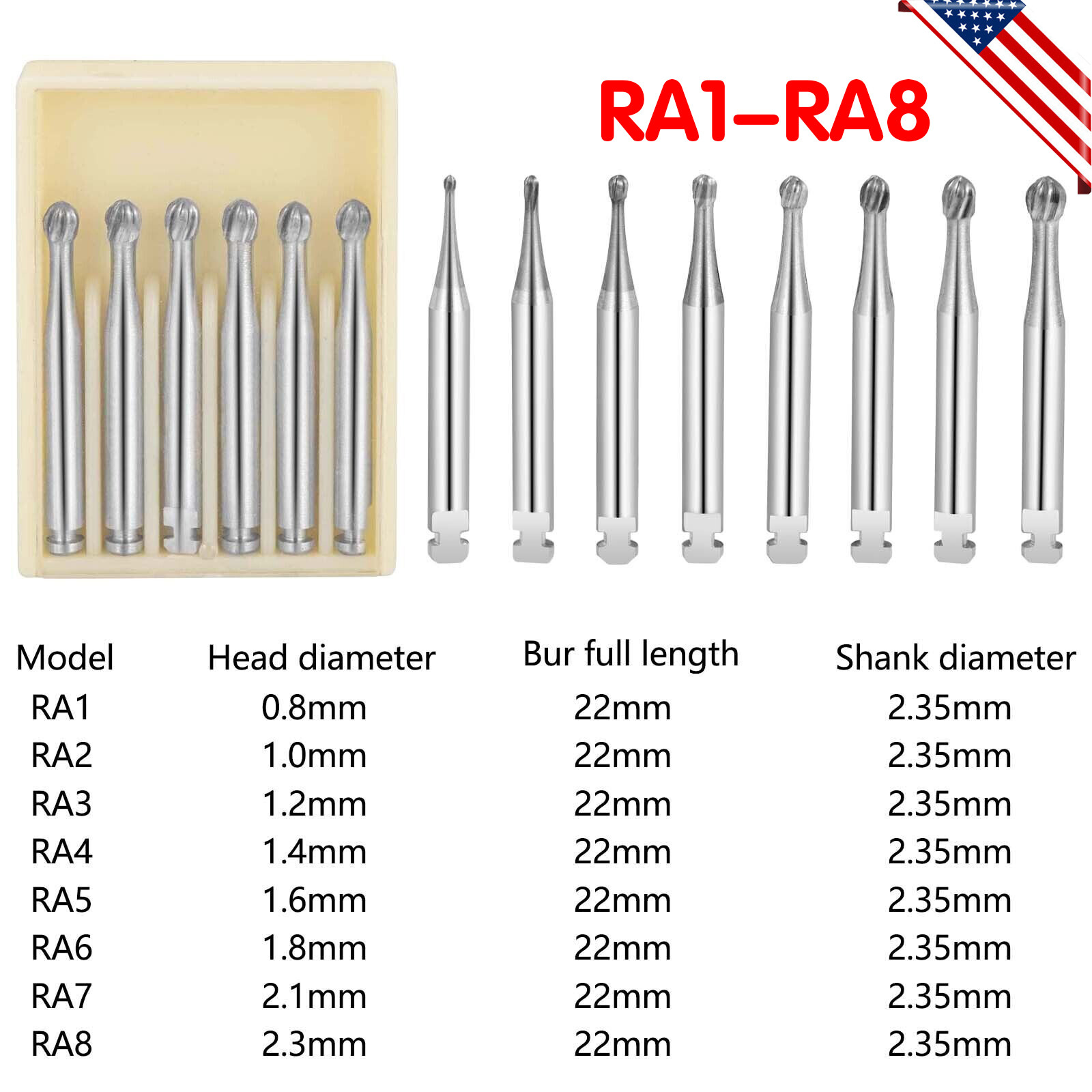 Dental Round Carbide Bur for Slow Speed Latch Type Handpiece RA 1# – 8# Burs 5pc