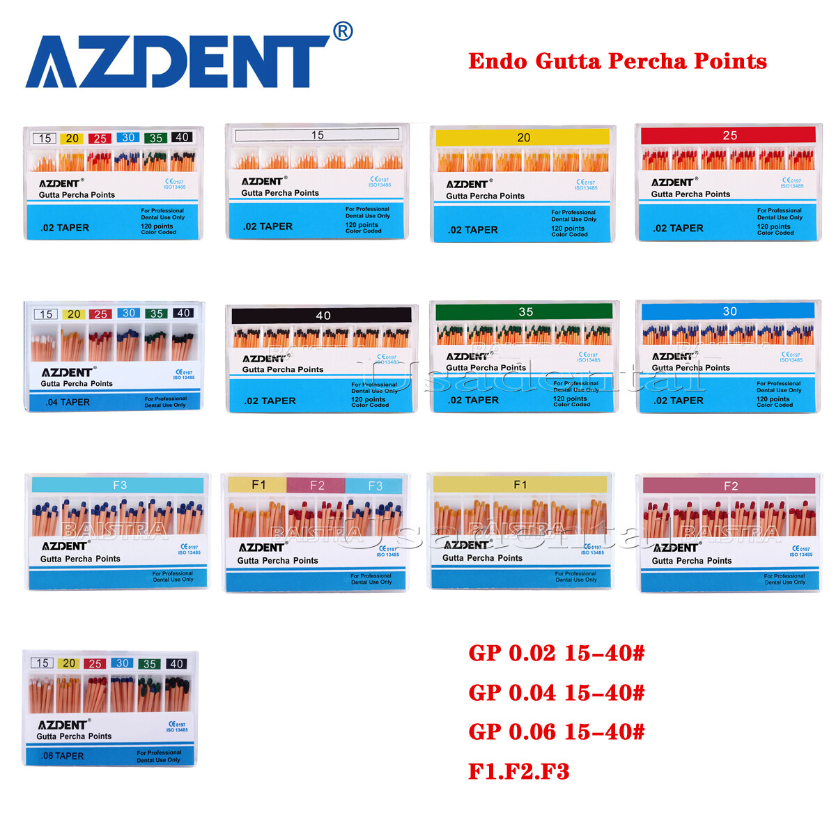 AZDENT Dental Endodontic Gutta Percha Points 15-40# GP0.02/0.04/0.06/F1 2 3