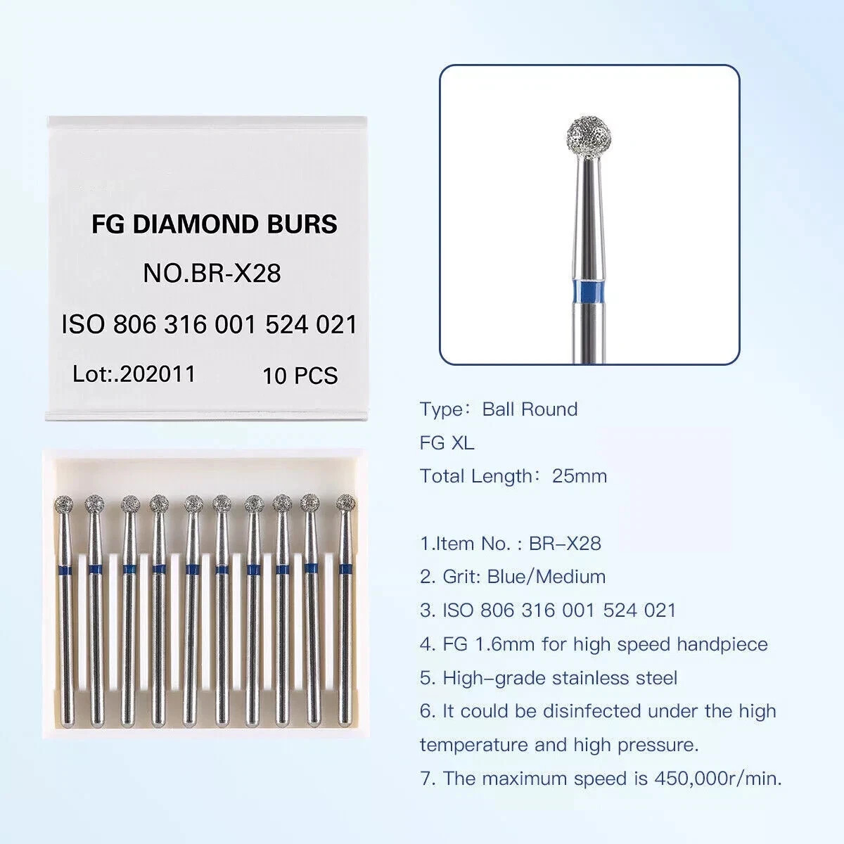 10 Pcs/Box Dental Surgical Diamond FG 1.6mm Burs Ball Round High Speed Handpiece