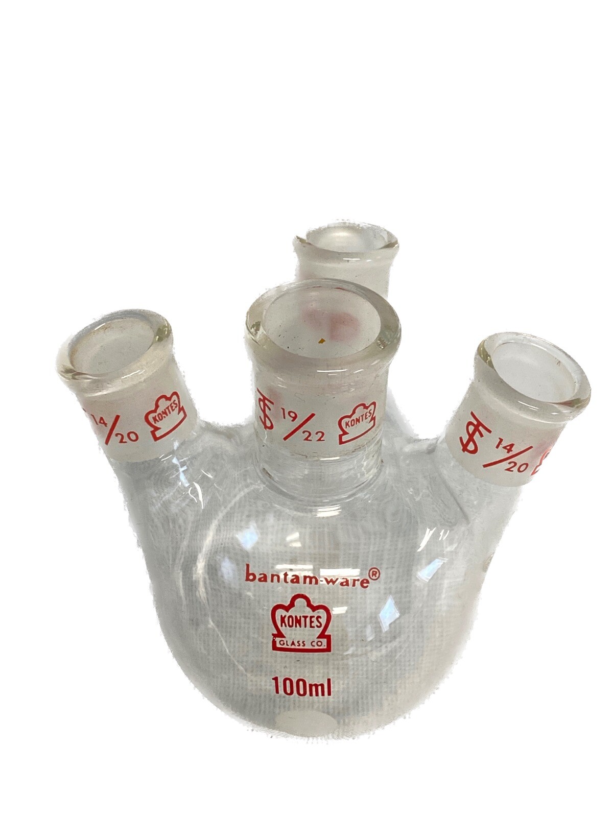 KONTES Bantam-Ware Glass 100mL 14/20 19/22 4-Neck Angled Round Bottom Flask