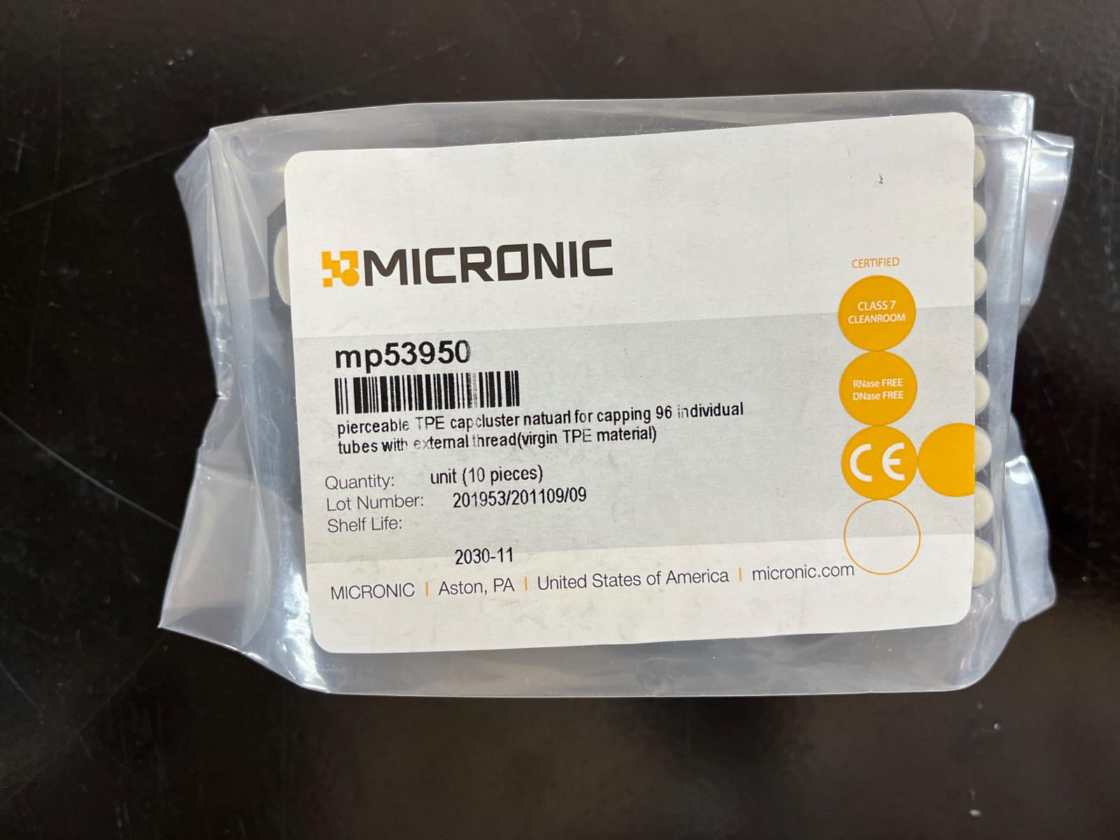 MICRONIC TPE CAPCLUSTER-96 sample storage caps MP53950 Bag of 10 sheets