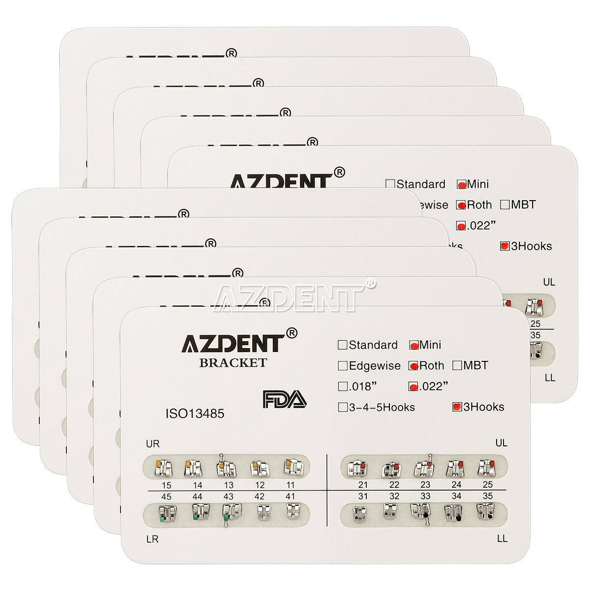 10 Packs Brackets Metálicos de Ortodoncia Dental Mini Roth .022 Ganchos 3 AZDENT