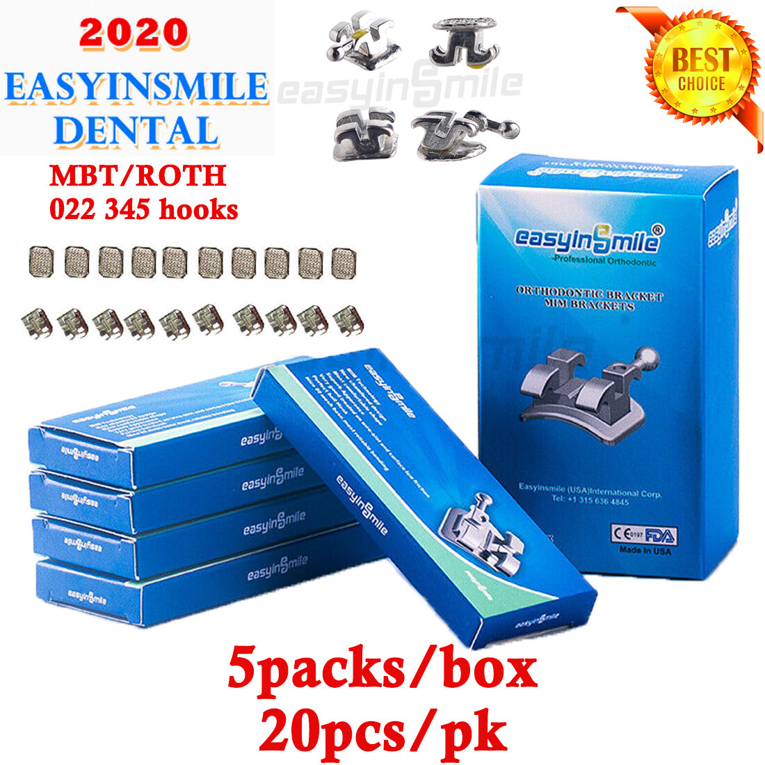 5Packs Dental Roth/MBT Orthodontic Mini Metal Brackets 022 3-4-5 Hooks Mesh Base