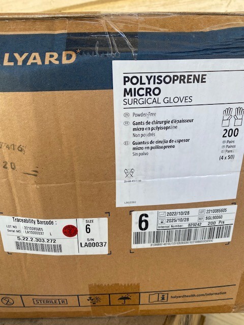 (CASE OF 200 PAIR) HALYARD SGL90060 Micro Surgical Gloves, Size 6, EXP 10/2025