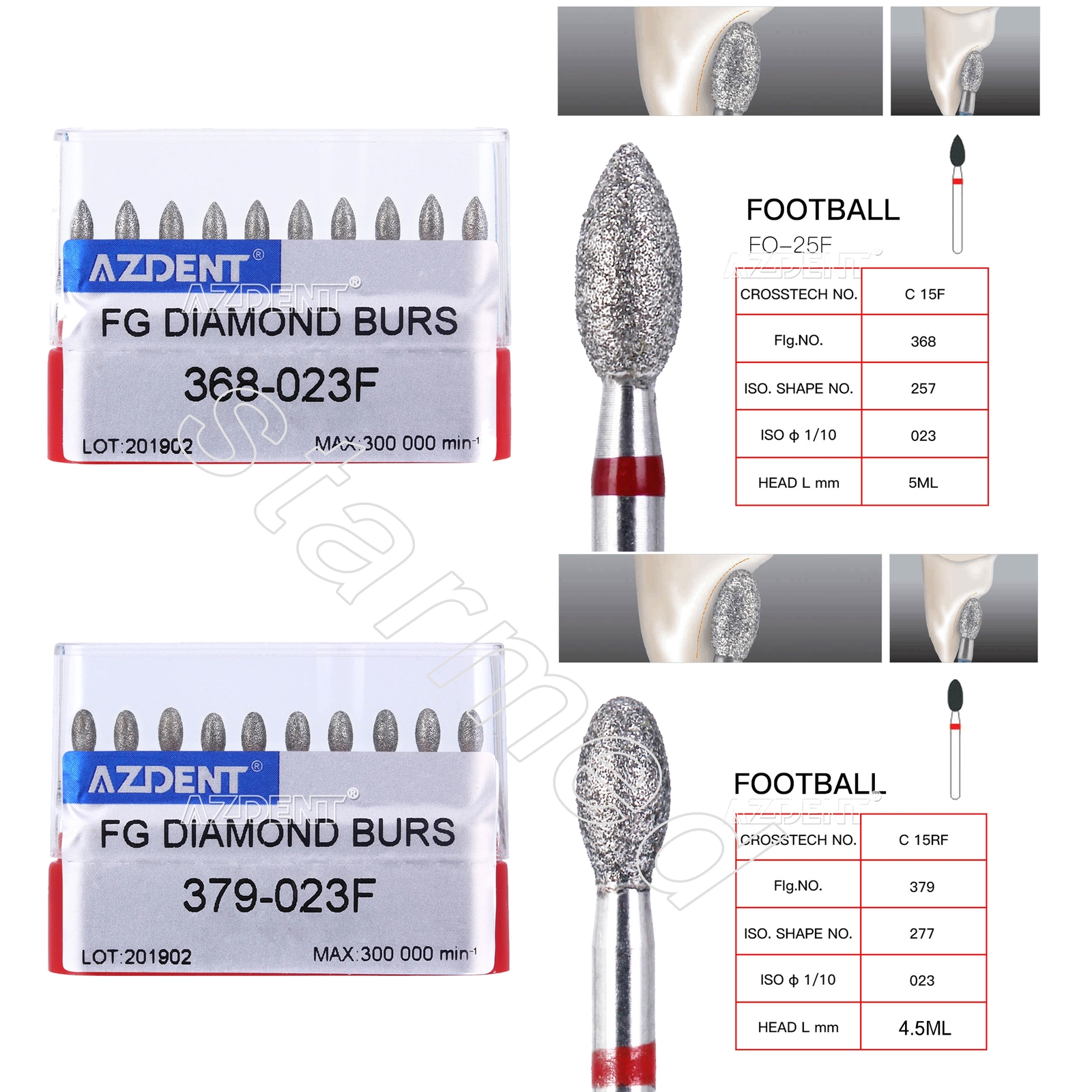 AZDENT Dental Diamond Burs Football Fine RED #368-023F & #379-023F
