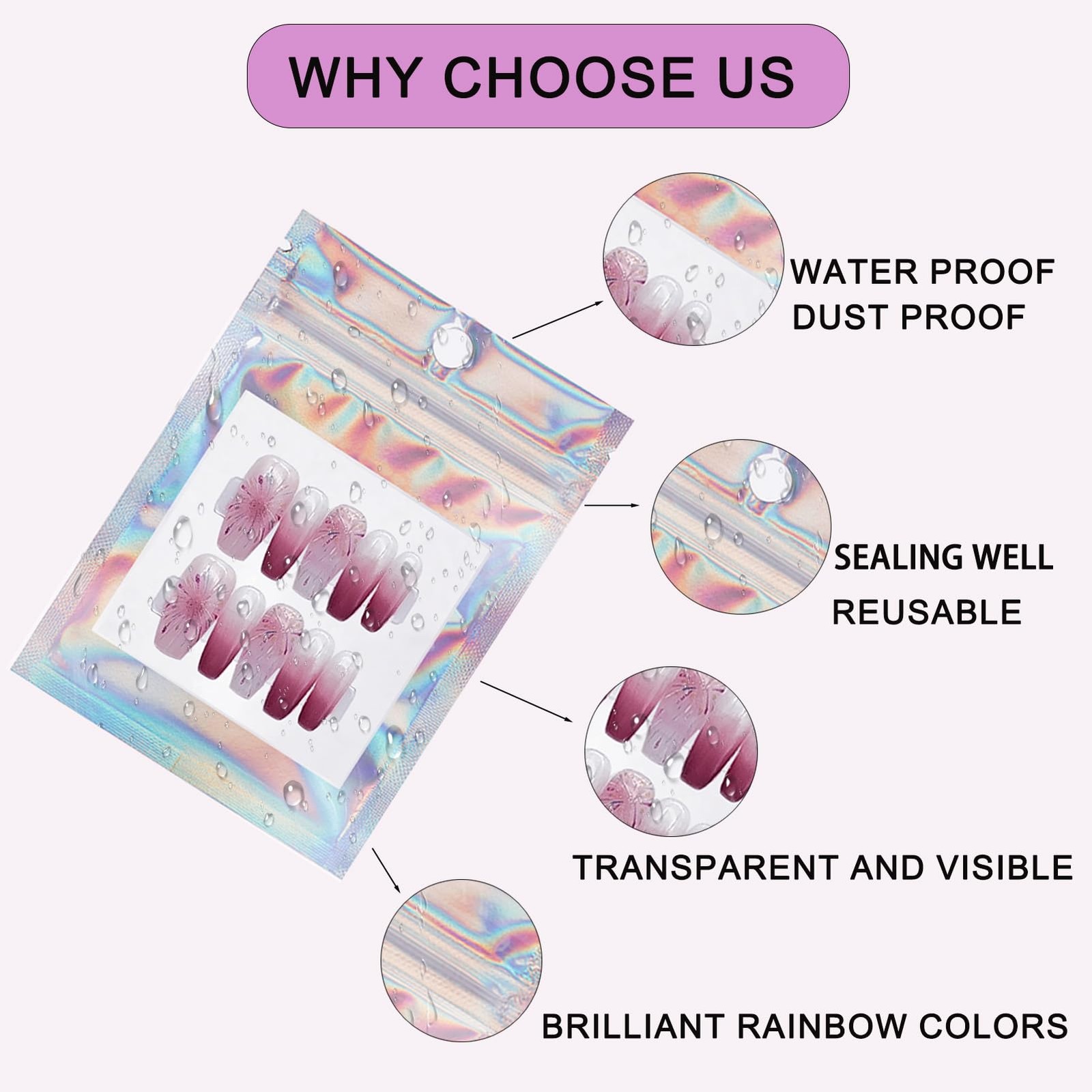 100 PCS Press on Nail Packaging Bag for False Tips Small, Laser