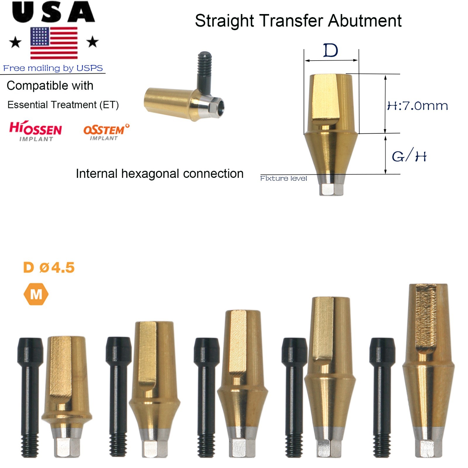 Dental Ti Mini Regular Platform Straight Transfer Abutment Hex Fits Hiossen ET