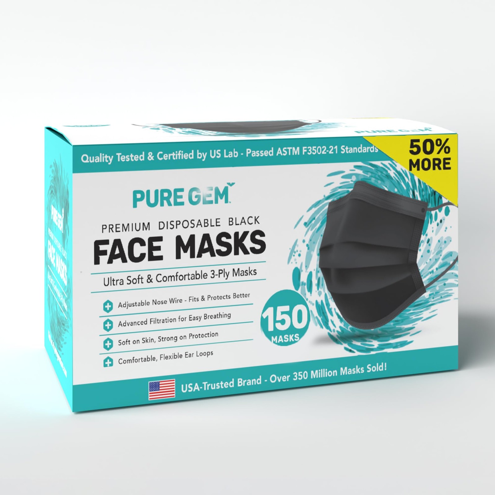 Pack Of 150 Black Disposable Face Mask, 3-Ply Adult Masks, Facial Cover with