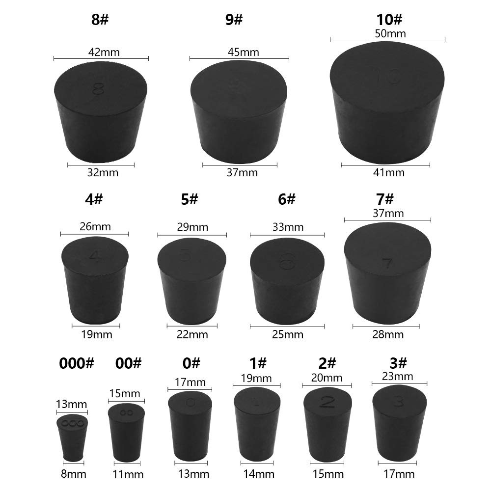 Enjoyist 34 Pack Solid Rubber Stoppers, 13 Assorted Sizes, 000# – 10# Black