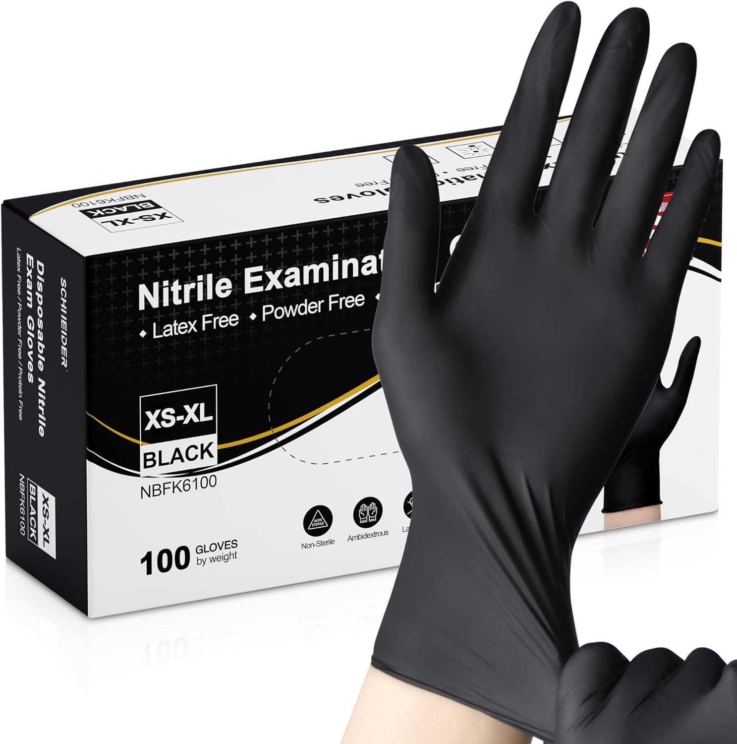 Schneider Nitrile Gloves Large Black Disposable Powder Free Latex Free Exam