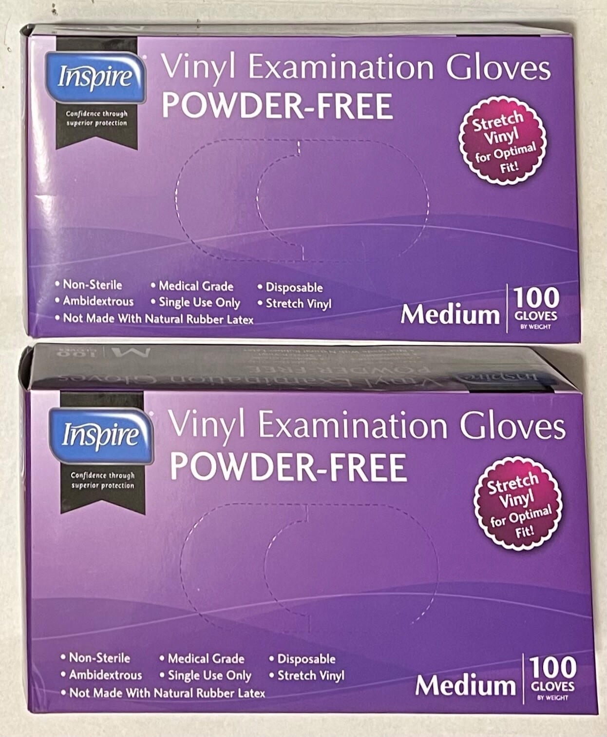 Inspire Stretch Vinyl Examination Gloves Powder Free Medium 100 Gloves X 2 Boxes