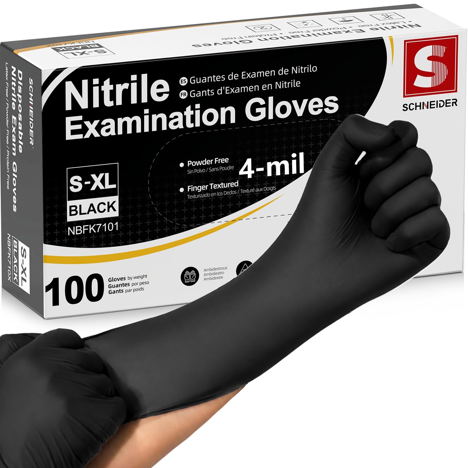 Schneider Medical Nitrile Exam Gloves, 4 Mil Black Gloves Medium,