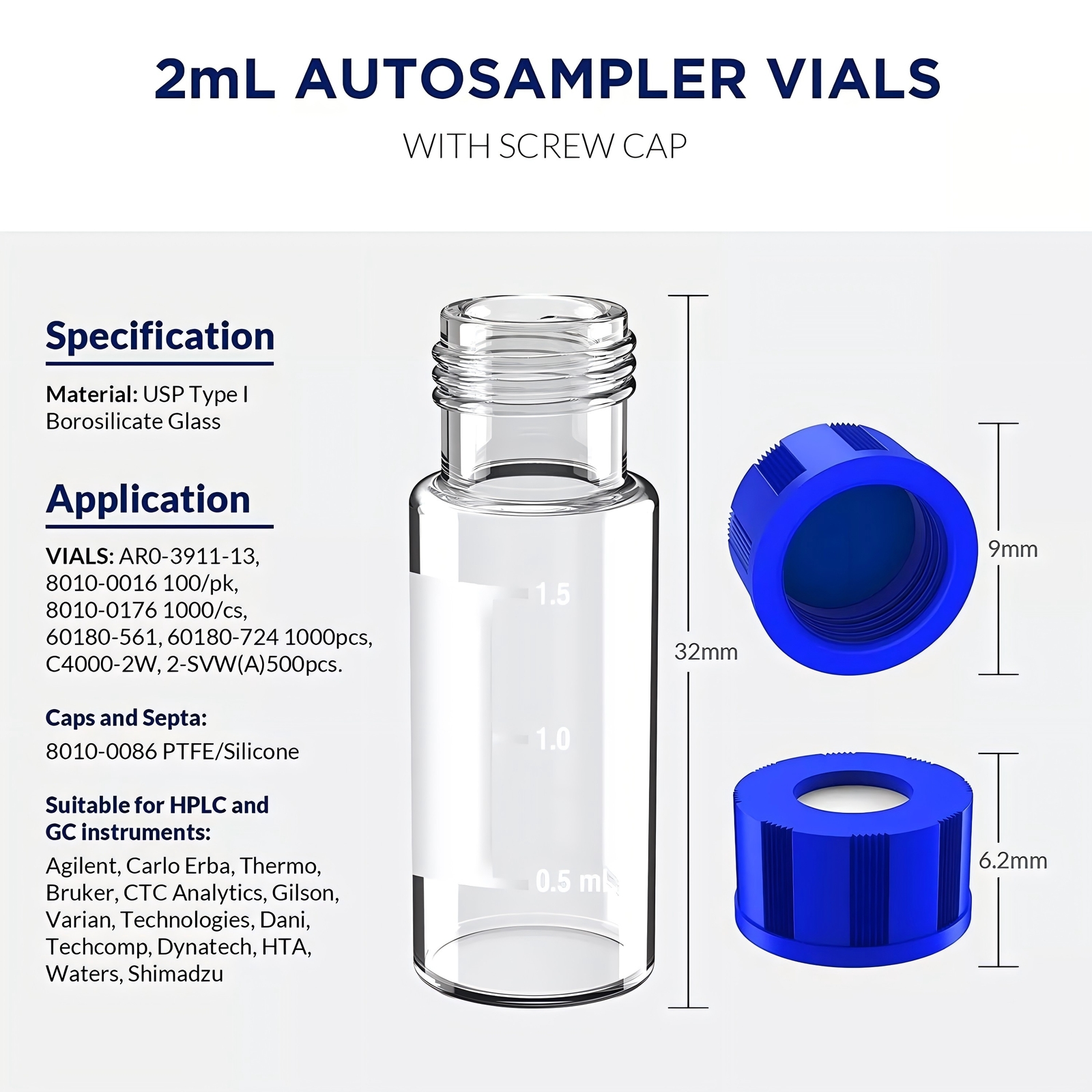 2ml 1000Pcs Autosampler Vials Lab+Caps Clear Glass Bottle 9-425 Screw Thread Top