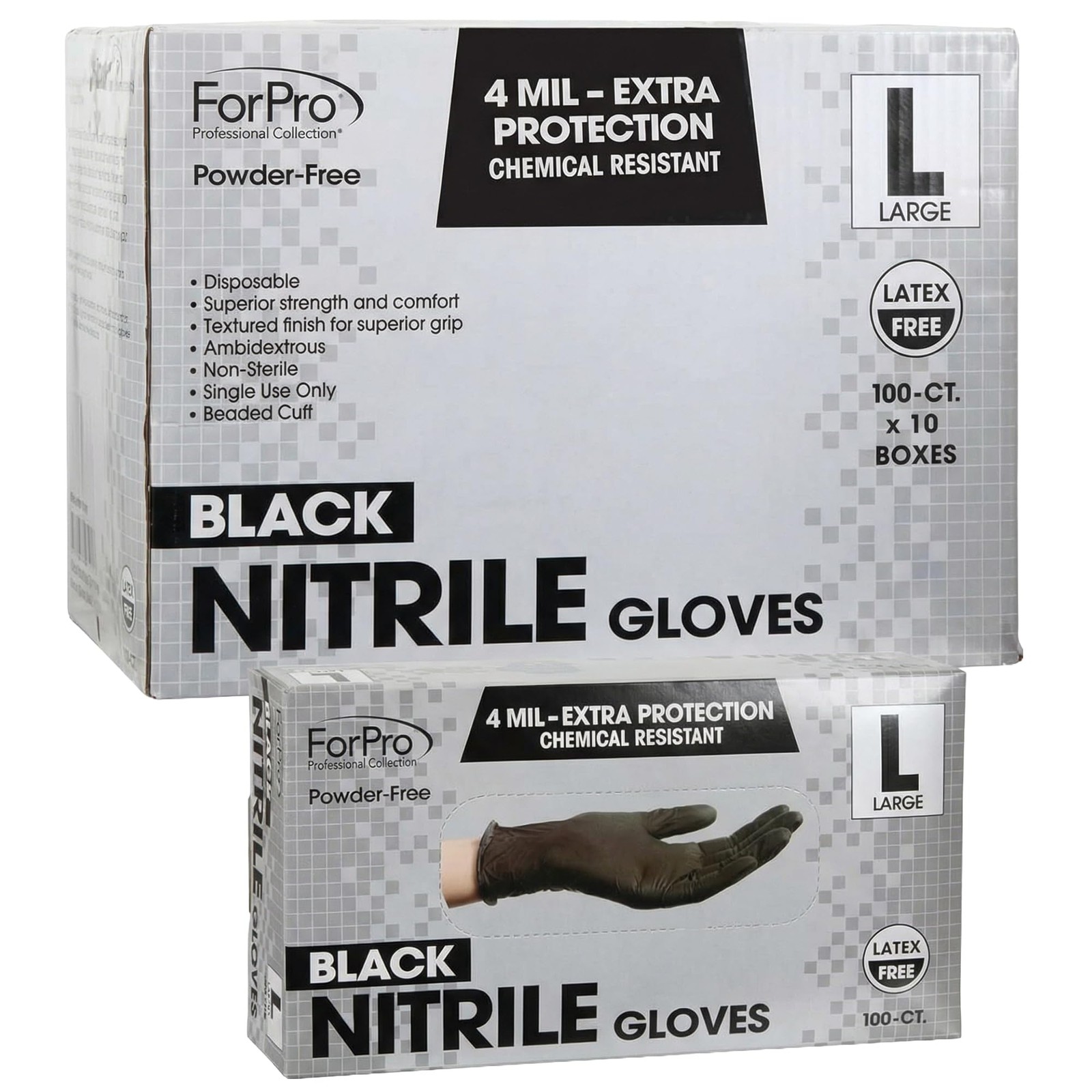 ForPro Disposable Nitrile Gloves, Chemical Resistant, 4 Mil, Large, 1000~Count