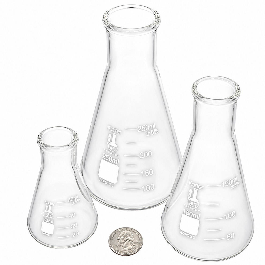 Karter Scientific Erlenmeyer Flask Borosilica​te Glass Set of 3 – 50 150 250 ml