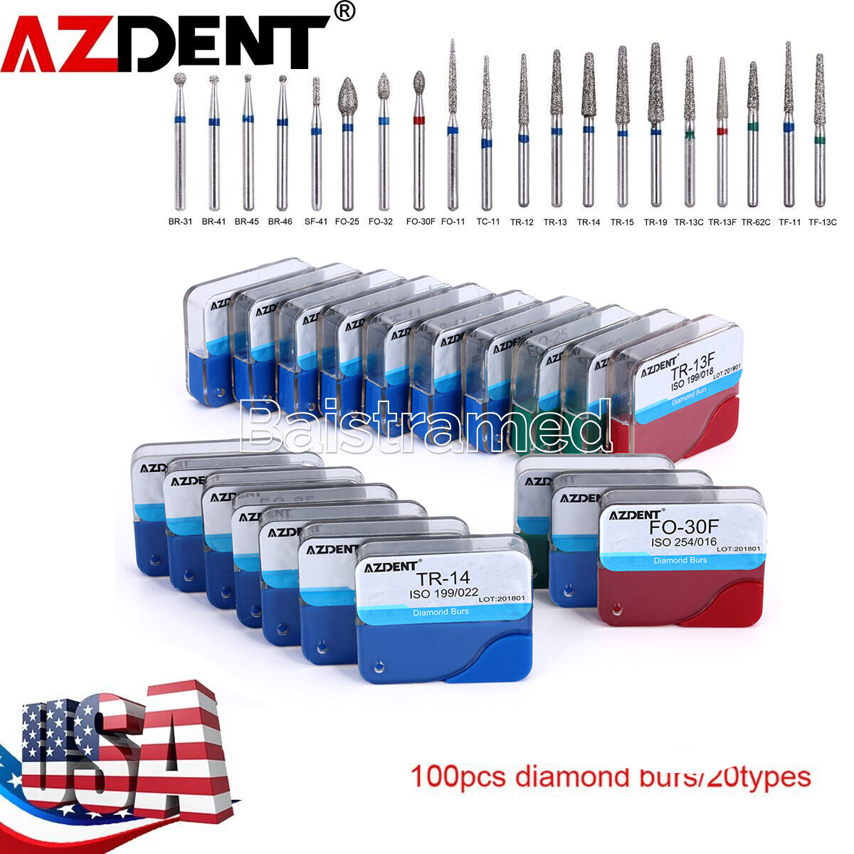 100PCS AZDENT Dental Diamond Burs for High Speed Handpiece Medium FG 1.6mm