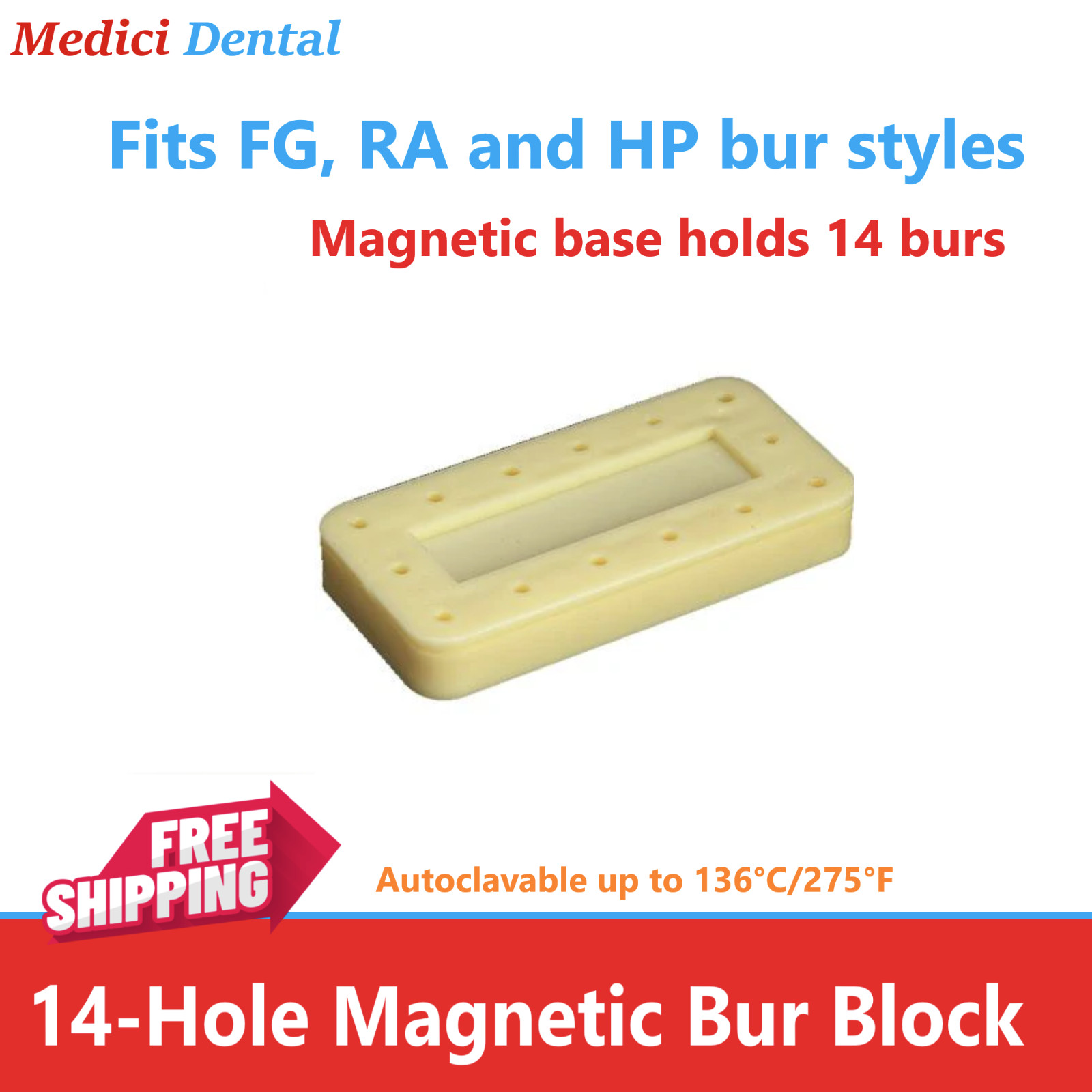 Dental Bur Block Magnetic RECTANGULAR Lab Holder Station Hold 14 Burs FG, HP, RA
