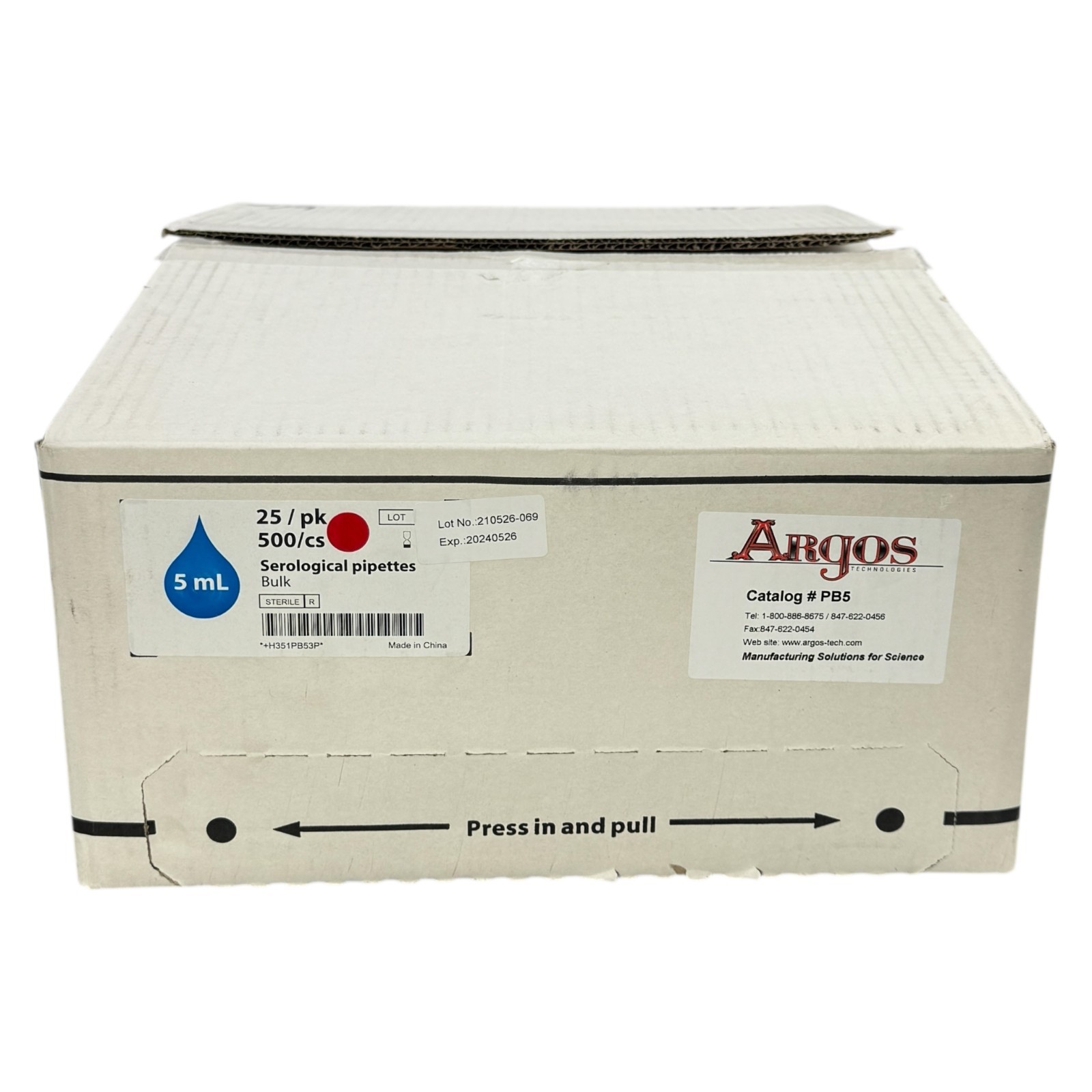 EXPIRED 2024 ARGOS TECHNOLOGIES 5ml x 0.1mL PS Sterile Serological Pipettes PB5