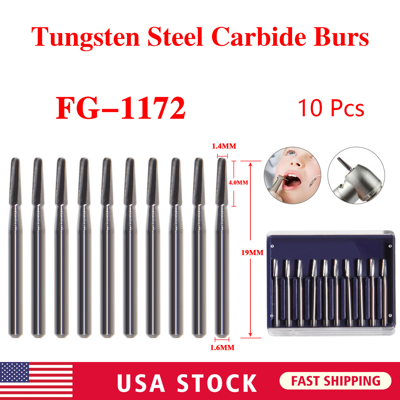 10Pcs Dental Tungsten Carbide Burs FG Round Taper End for High Speed FG 1172