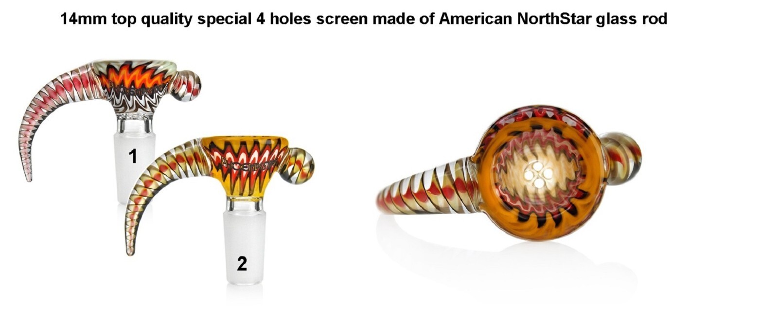 14mm Glass Bowl Handle Twisted Cane 4 Hole Screen thick NorthStar glass Martini