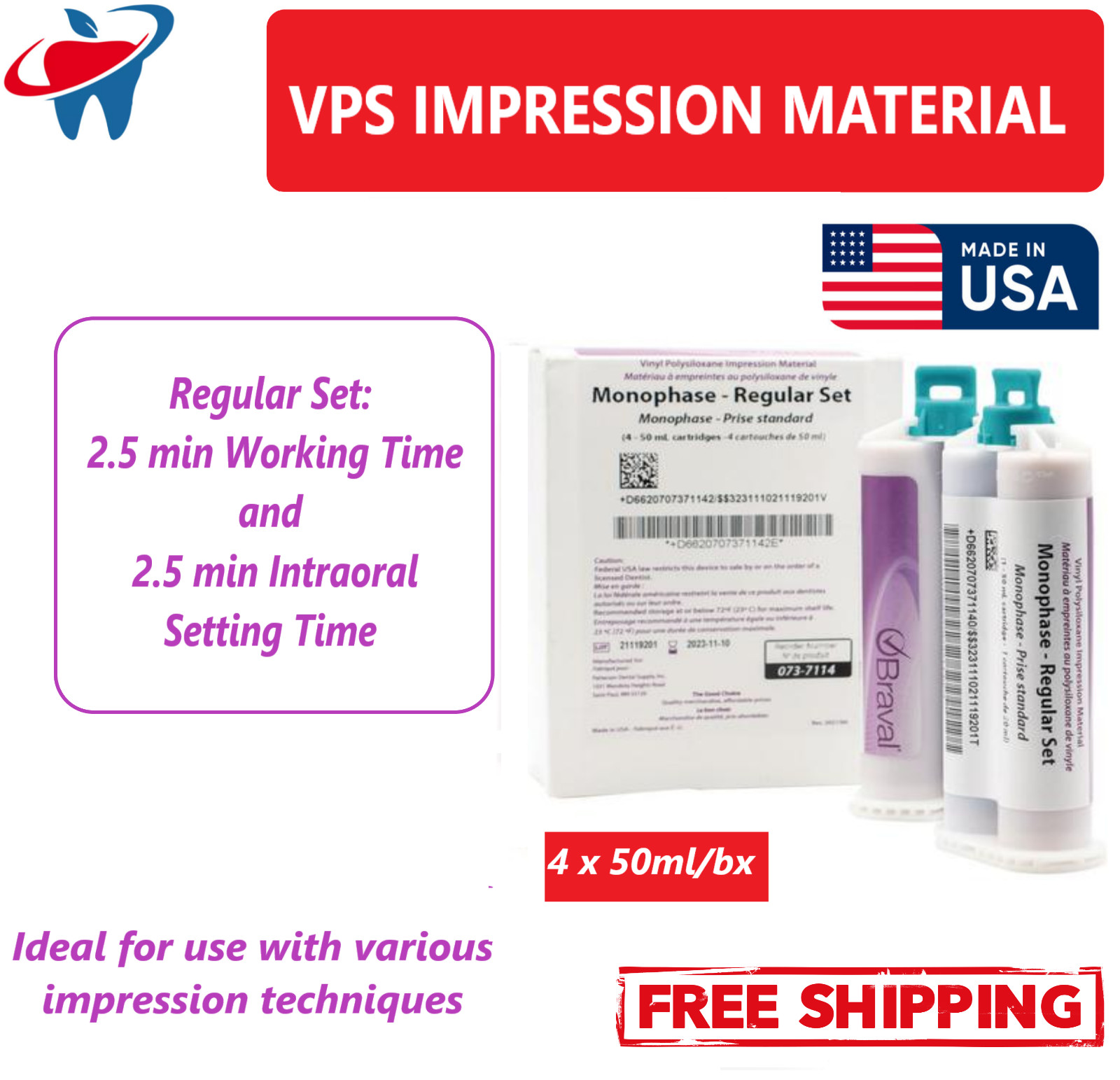 DENTAL HEAVY BODY FAST SET VPS IMPRESSION MATERIAL 4 X 50ML CARTRIDGES, Exp 2026